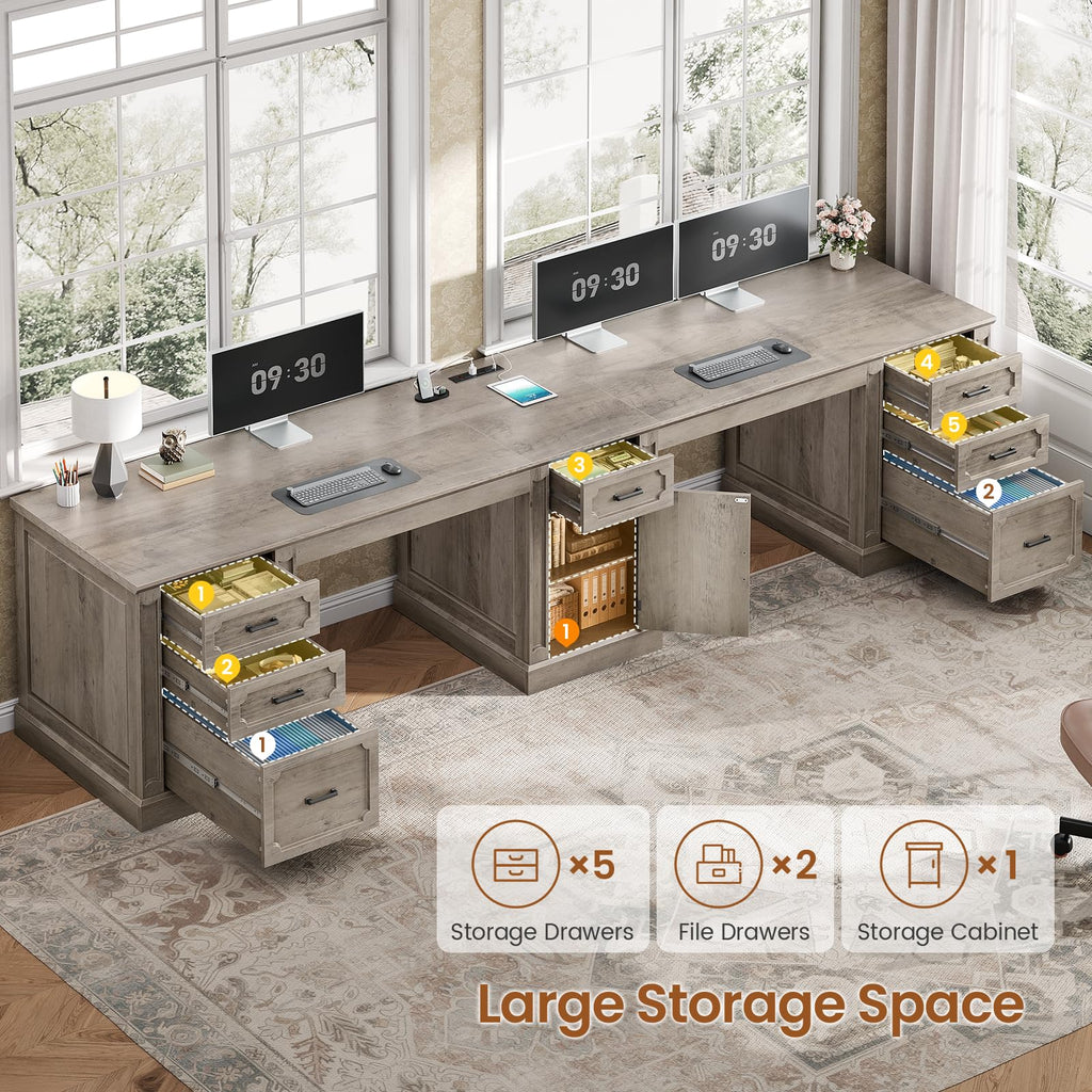 SEDETA Farmhouse 70.9" Executive Desk, Home Office Desk with File Drawers and Storage Cabinet, Computer Desk with Power Outlet for Home Office, Work Study Writing, Black+Brown