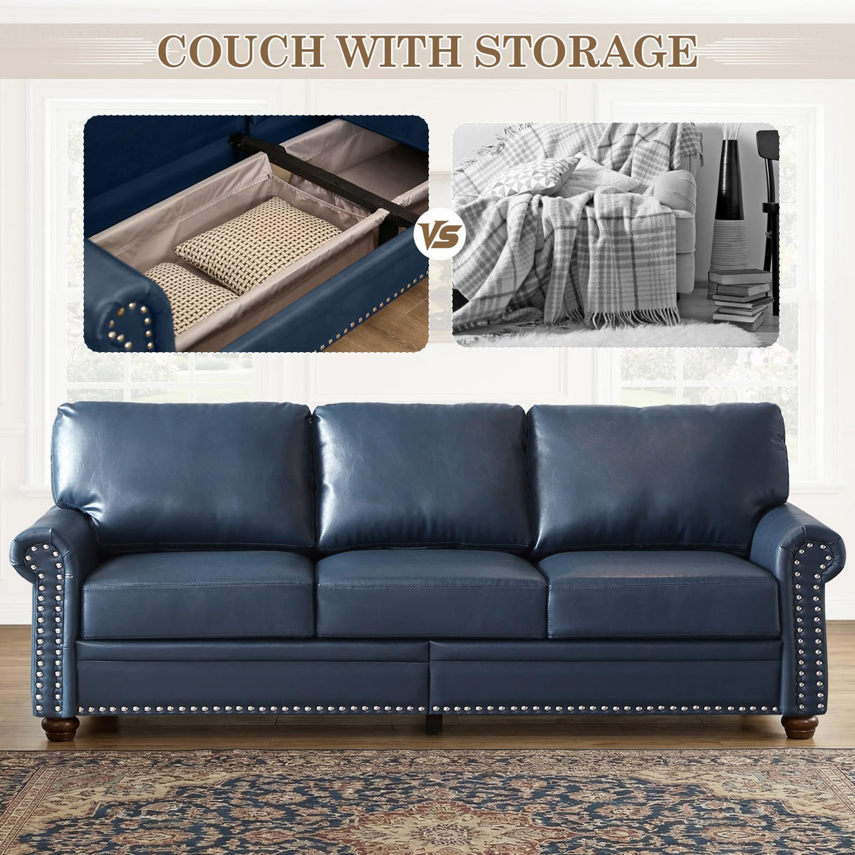 2 Piece Couch Sets for Living Room,Mid Century Modern Couch with Storage Nailhead Trim & Rolled Armrests,Deep Seat Comfy Couch,Furniture Set for Living Room,Bedroom,Office(Navy Blue,Loveseat+3 Seater)