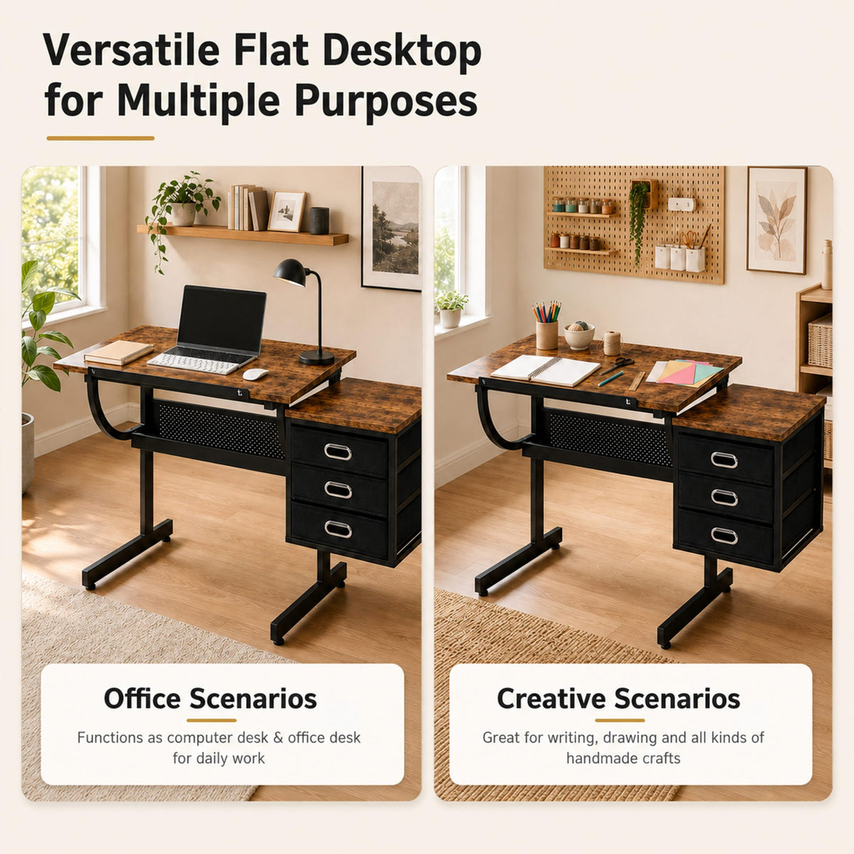 Adjustable Drawing Table with 3 Drawers and Stool, Black
