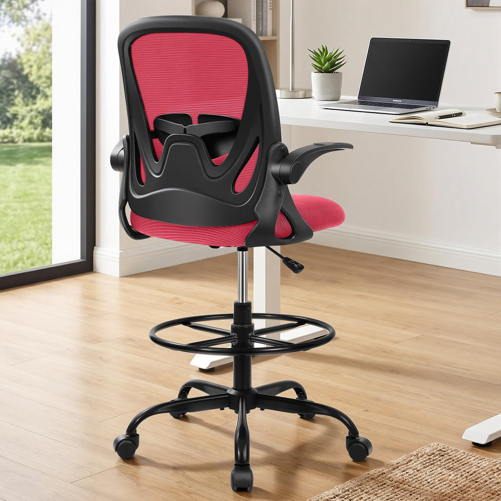 Drafting Chair Tall Office Chair with Flip-up Armrests, Adjustable Height, and Enhanced Lumbar Support - Ergonomic Rolling Stool, Back Support, and Adjustable Foot Rest Ring for Standing Desk White