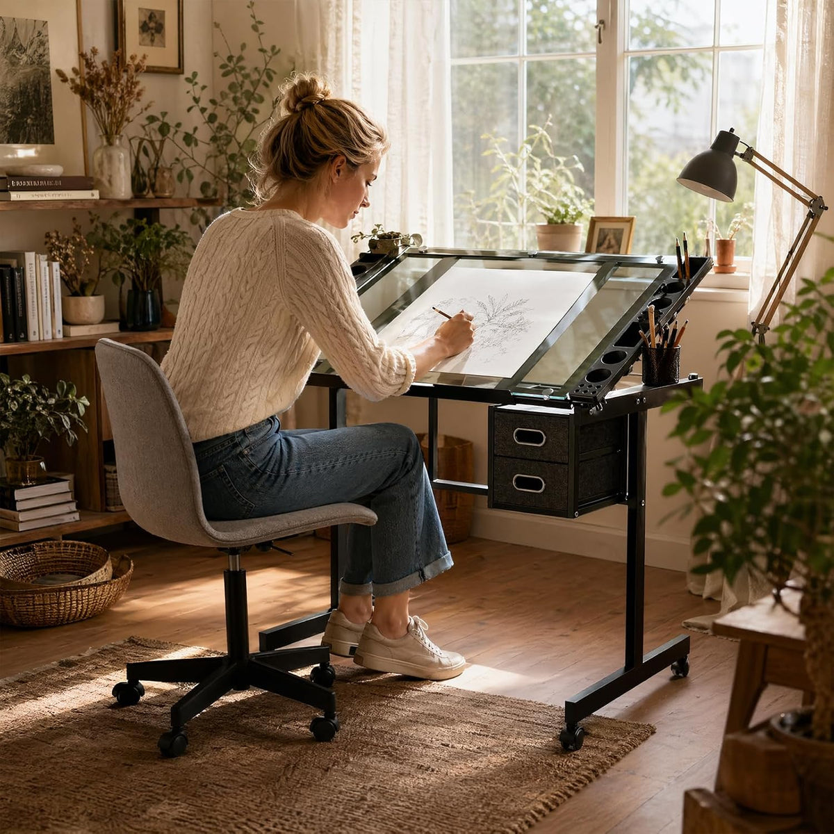 XEW Adjustable Drafting Table Desk Without Stool â Multi-Functional Art Desk for Adults, Drawing & Painting Table, Artist Desk & Drafting Table, Art Table, Tempered Glass Black C
