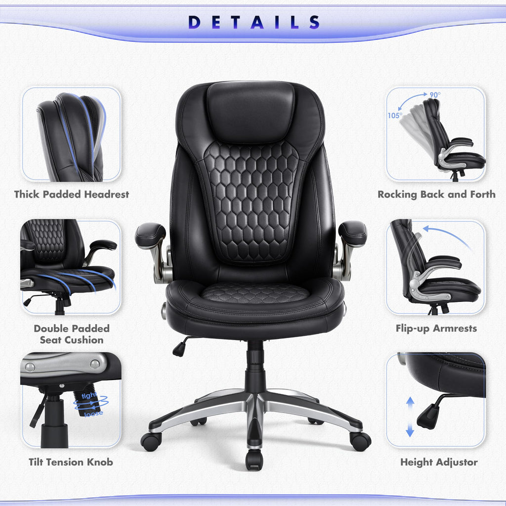 COLAMY High Back Executive Office Chairs, Ergonomic PU Leather Desk Chairs with Flip-Up Armrests, Adjustable Height, Lumbar Support, Comfortable Computer Chairs for Home Office, Set of 2