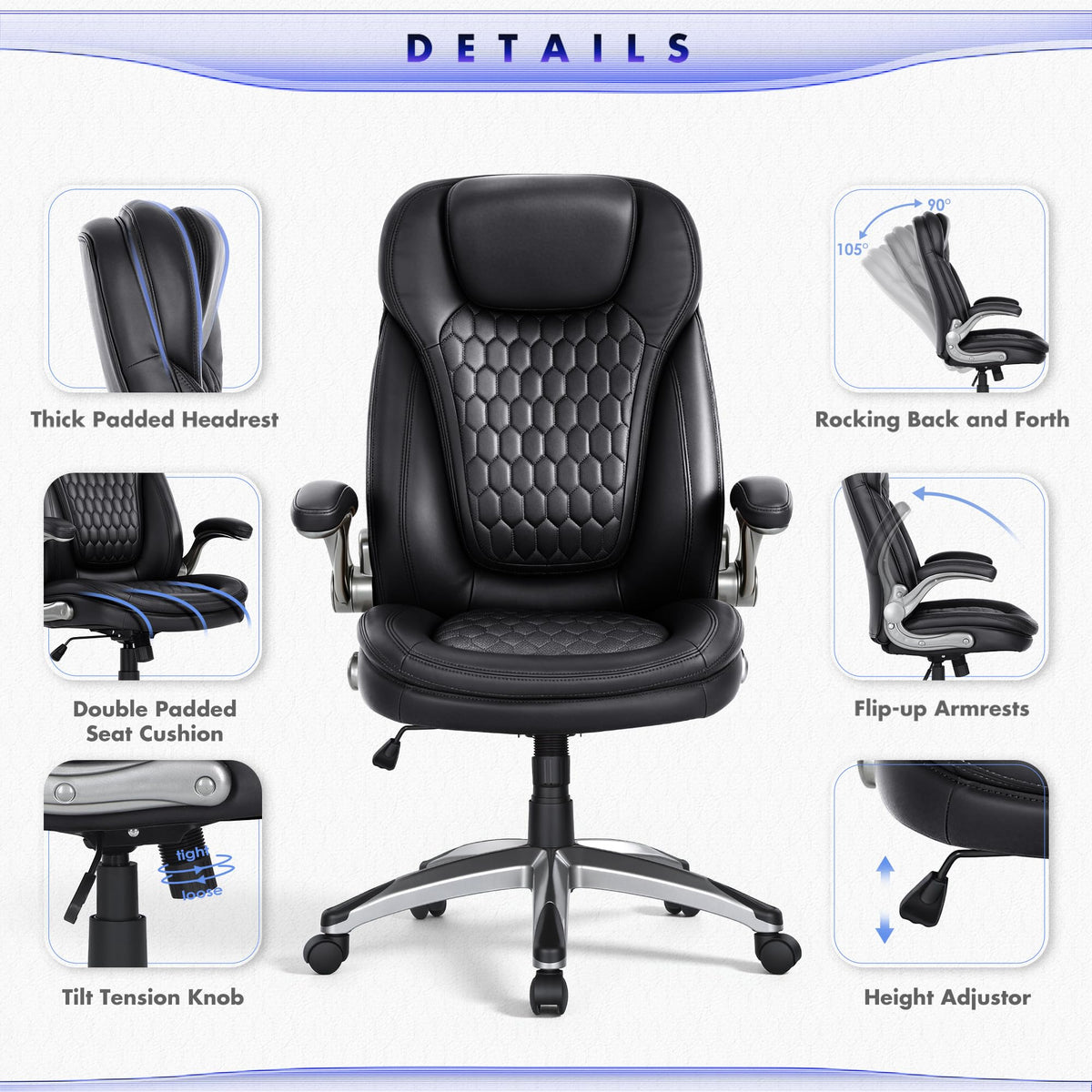 COLAMY High Back Executive Office Chairs, Ergonomic PU Leather Desk Chairs with Flip-Up Armrests, Adjustable Height, Lumbar Support, Comfortable Computer Chairs for Home Office, Set of 2