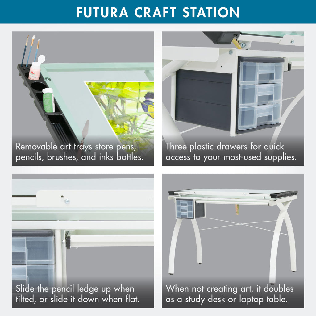 SD Studio Designs 10096 Futura Station with Folding Shelf Top Adjustable Drafting Craft Drawing Hobby Table Writing Studio Desk with Drawer, 35.5'' W x 23.75'' D, White/Clear Glass