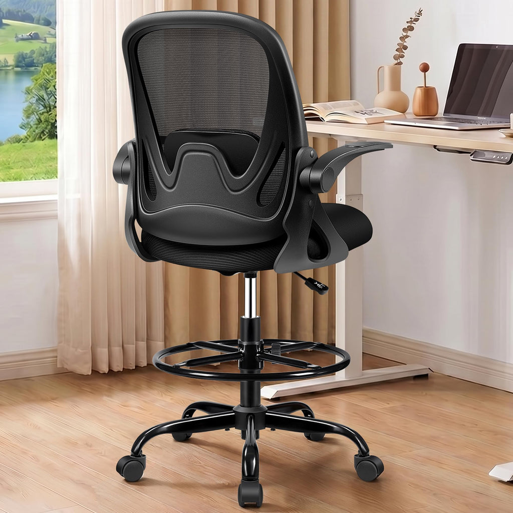 Drafting Chair Tall Office Chair with Flip-up Armrests, Adjustable Height, and Enhanced Lumbar Support - Ergonomic Rolling Stool, Back Support, and Adjustable Foot Rest Ring for Standing Desk White