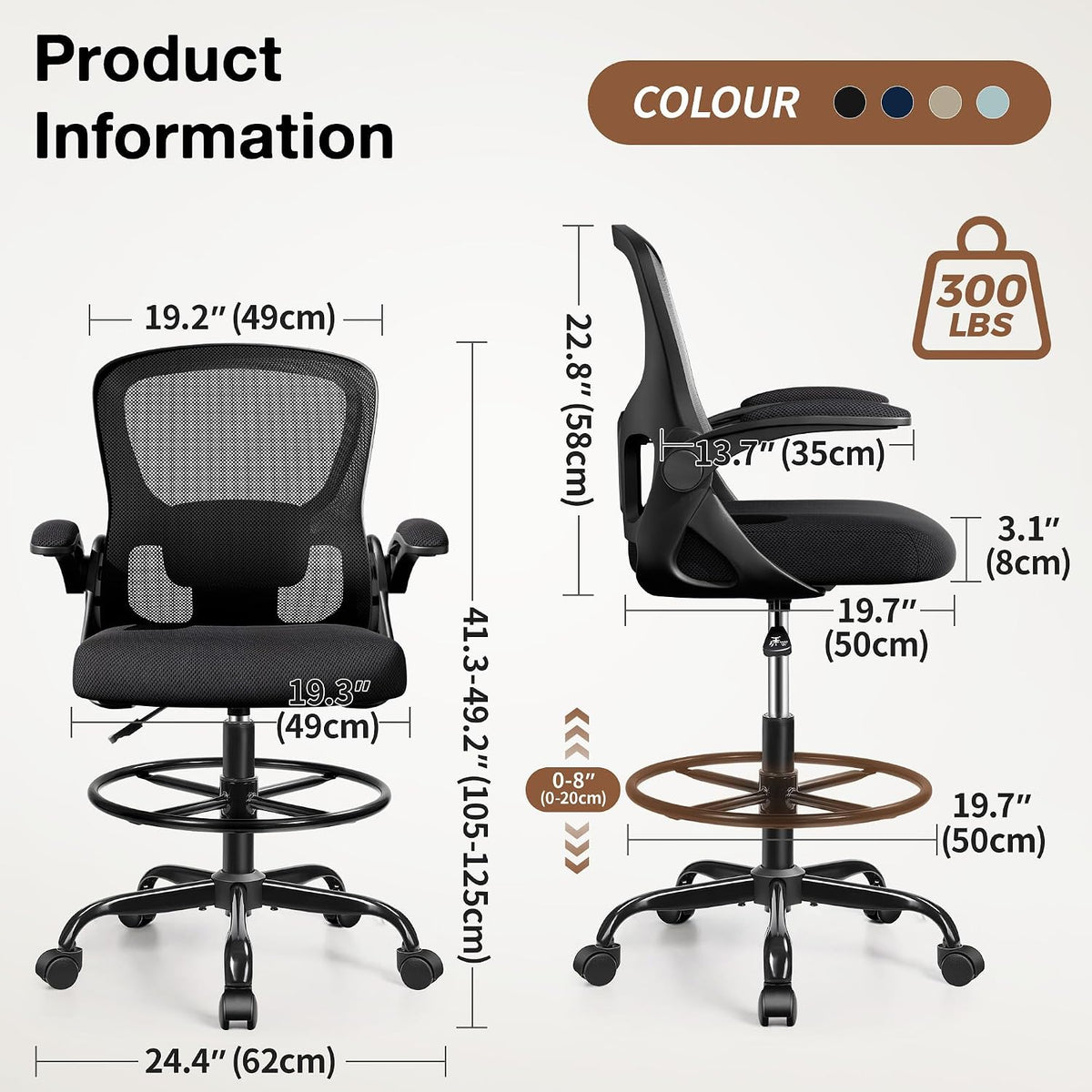 Drafting Chair, Tall Office Chair for Standing Desk with Flip-Up Armrests, Adjustable Foot Ring & Lumbar Support, Breathable Mesh High Desk Stool for Studio & Drafting Table, Black