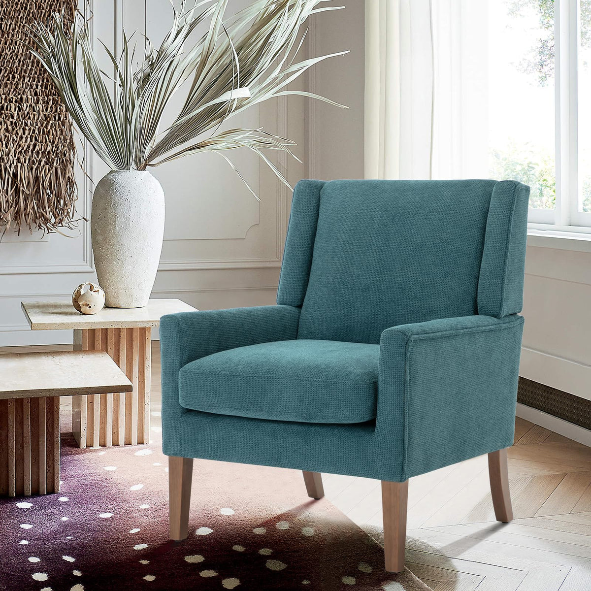 COLAMY Modern Wingback Living Room Chair, Upholstered Fabric Accent Armchair, Single Sofa Chair with Lounge Seat and Wood Legs for Office/Bedroom/Reading Spaces, Beige