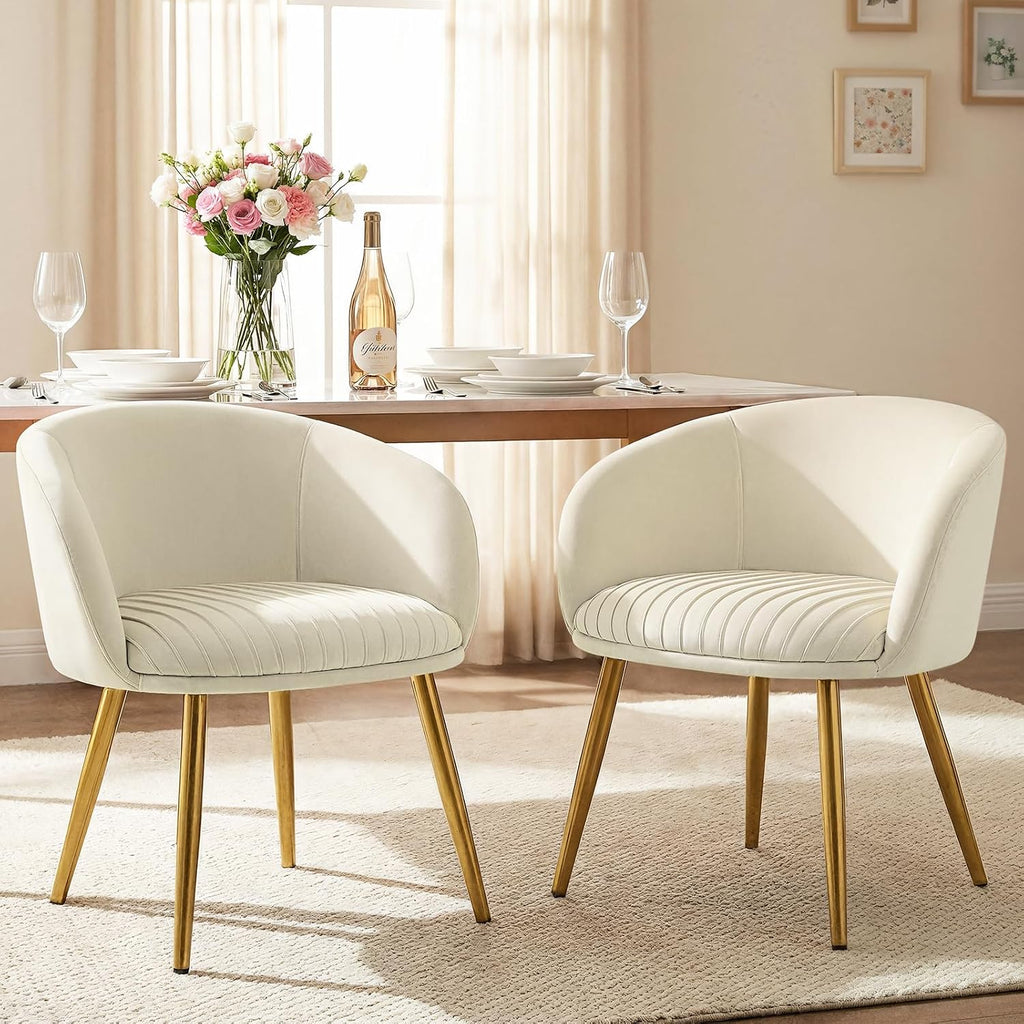 Accent Velvet Makeup Vanity Chairs Set of 2 Boucle Modern Tufted Girls Desk Chair No Wheels with Gold Metal Legs, 20" Extra Wide Armchair for Bedroom Bathroom Dining Room Living Room, Cream Beige