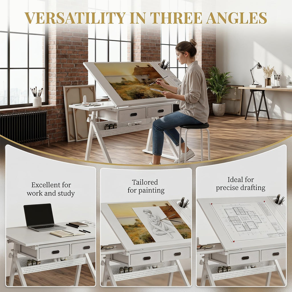 Height Adjustable Drafting Table w/Stool, Painting Table Art Craft Desk Crafting Drawing Desk with Tilting Tabletop, 2 Storage Drawers for Artist Painters (Rustic Brown)