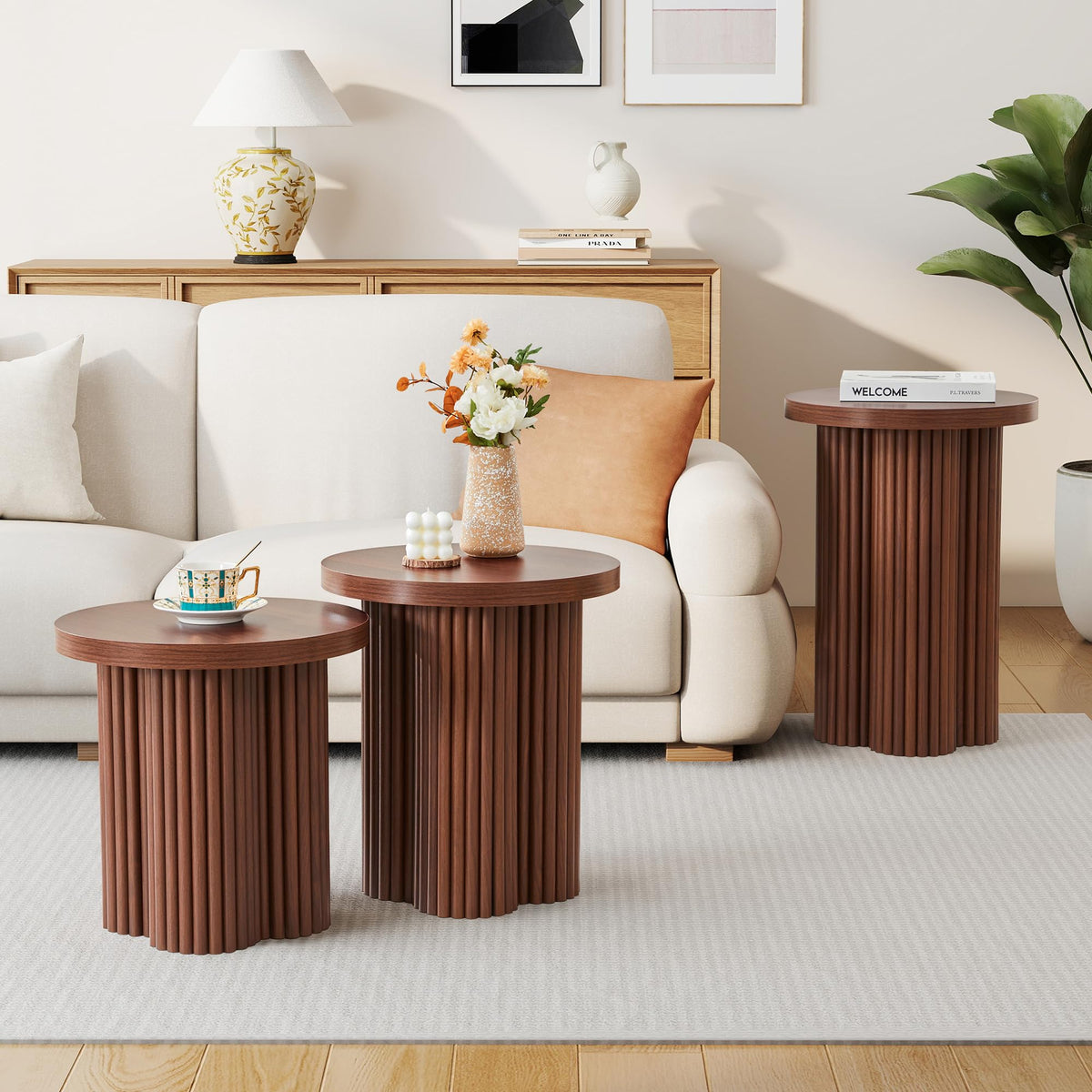 Round Nesting Coffee Table Set of 3 Fluted Coffee Table (Natural)
