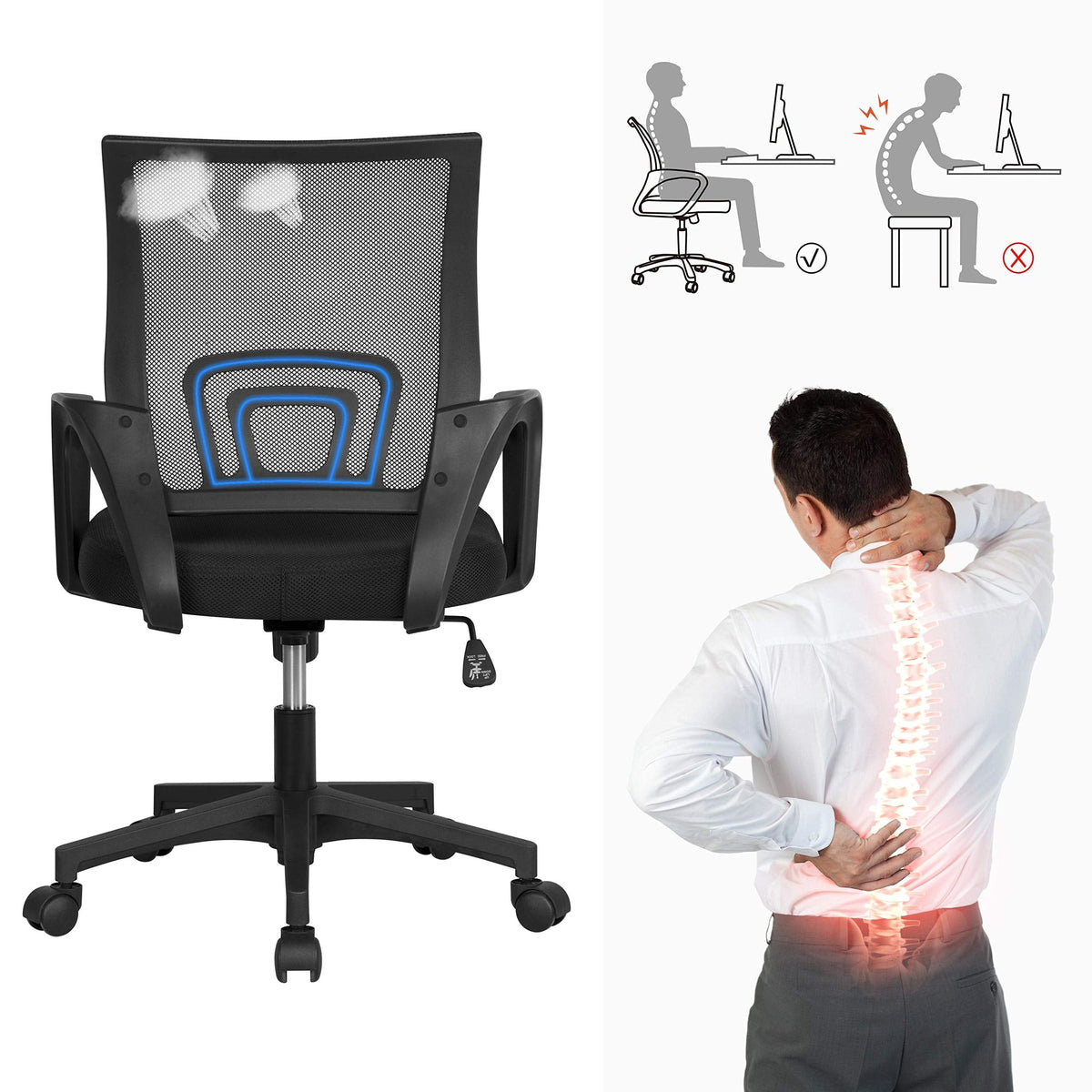 Yaheetech Black Computer Desk and Chair Set with Drawer, Shelves, Mesh Seat