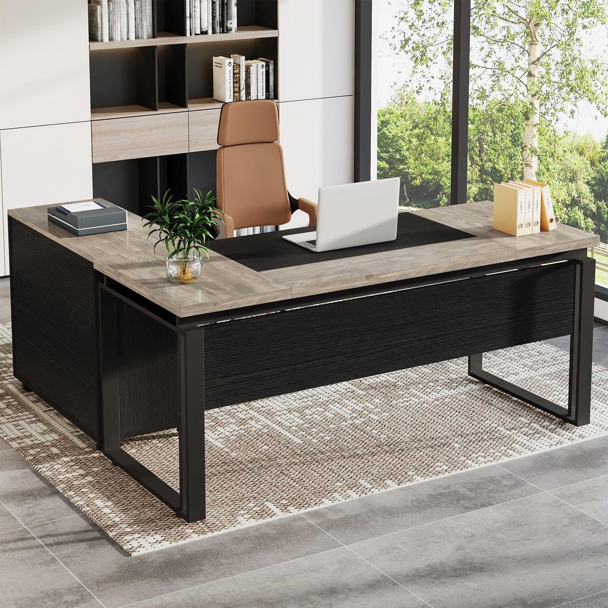 Tribesigns L-Shaped Executive Desk with Reversible File Cabinet, 63" Office Desk with Storage Drawers, Computer Desk Set (Oak Karo & White)