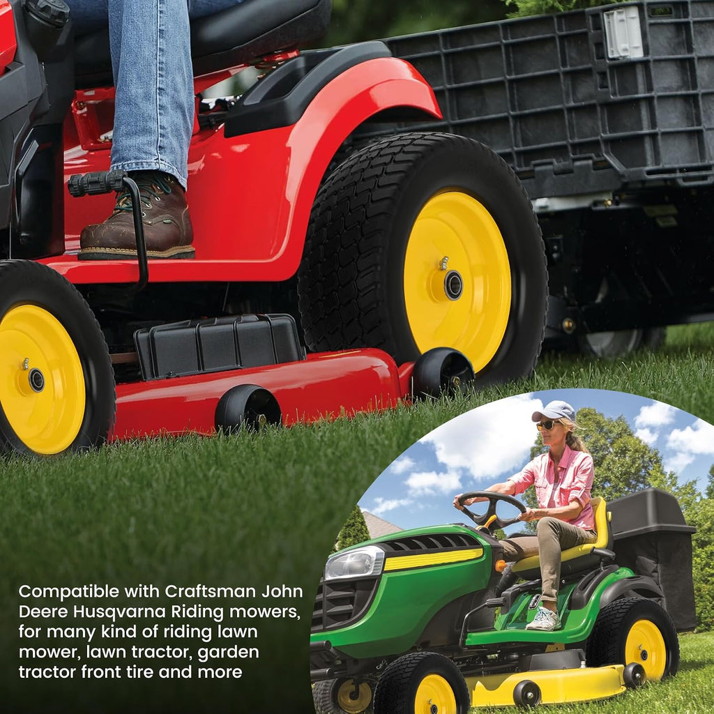 2 Pack 15x6.00-6 Flat Free Lawn Mower Tire and Wheel, 15" Solid Front Tires with 3" Centered Hub, 3/4" & 5/8" Bearings and 1" Bushings, Compatible with John Deere Husqvarna Riding Mowers Lawn Tractors