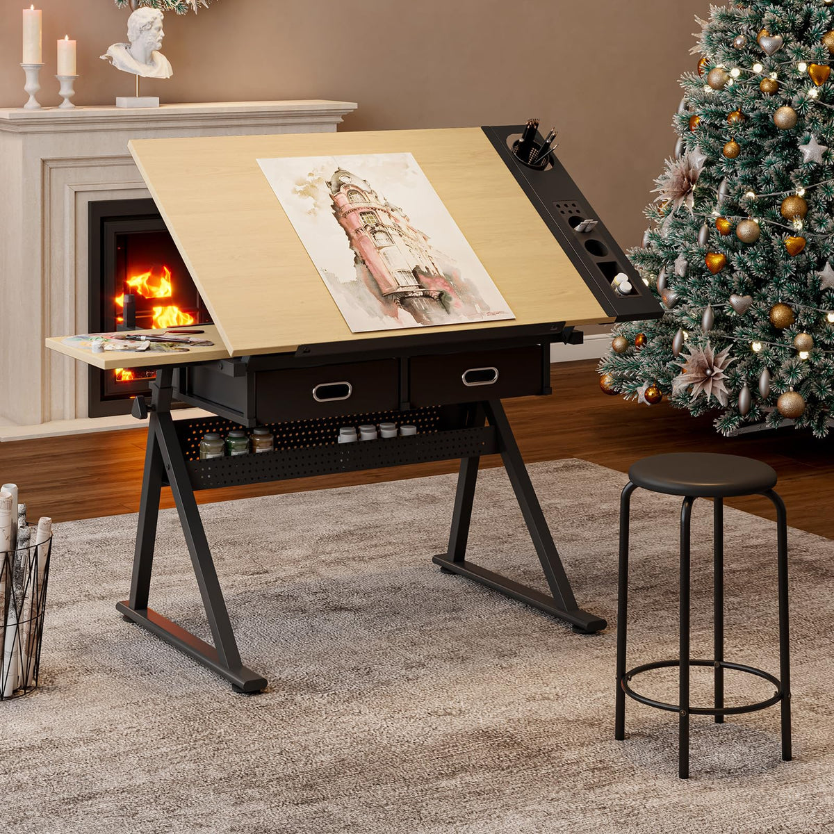 Drafting Table and Stool Set for Adults/Artists, Drawing Table with Adjustable Tabletop and Height, Art Workstation for Painters Crafting Reading Writing Home Office, All White