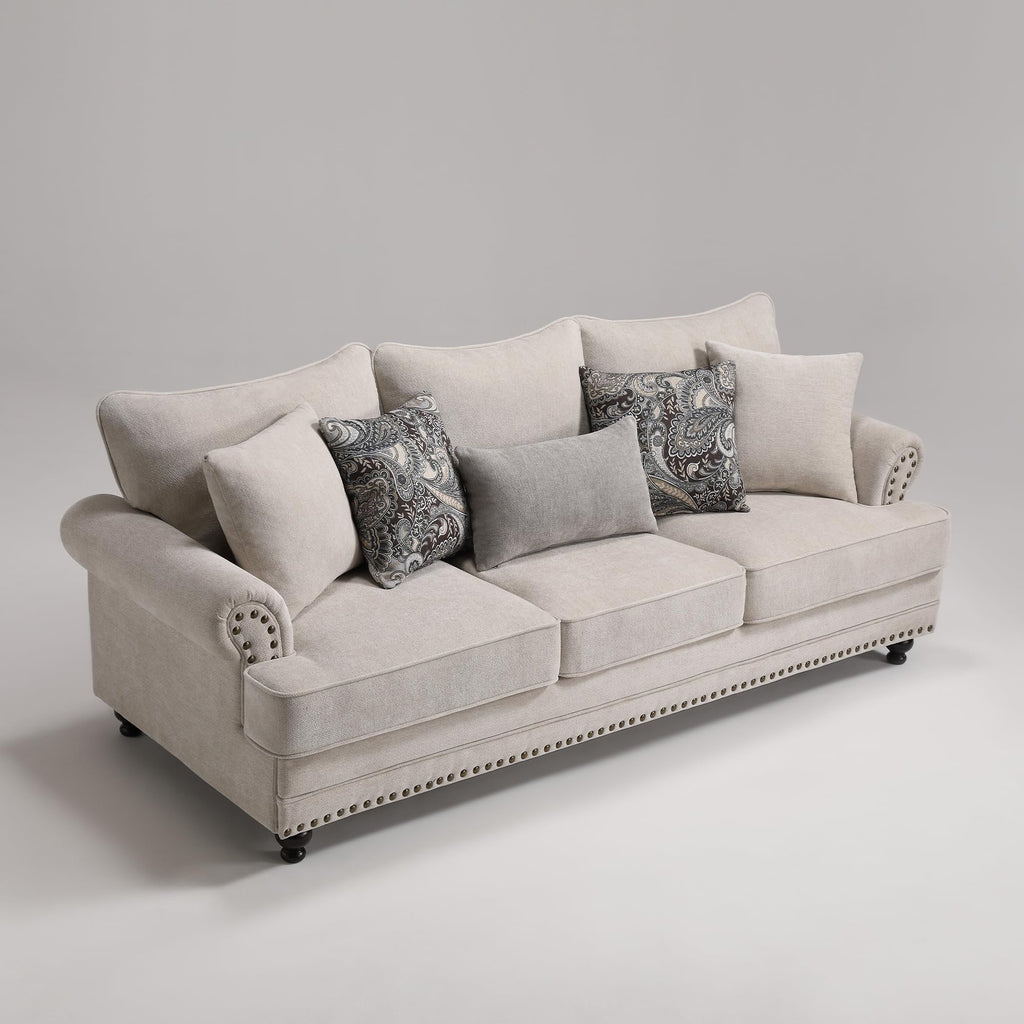 Modern Farmhouse Loveseat Sofa, Chenille Upholstery with Nailhead Trim, Small Couch for Living Room, Bedroom, Office, or Apartment, Includes 4 Accent Pillows