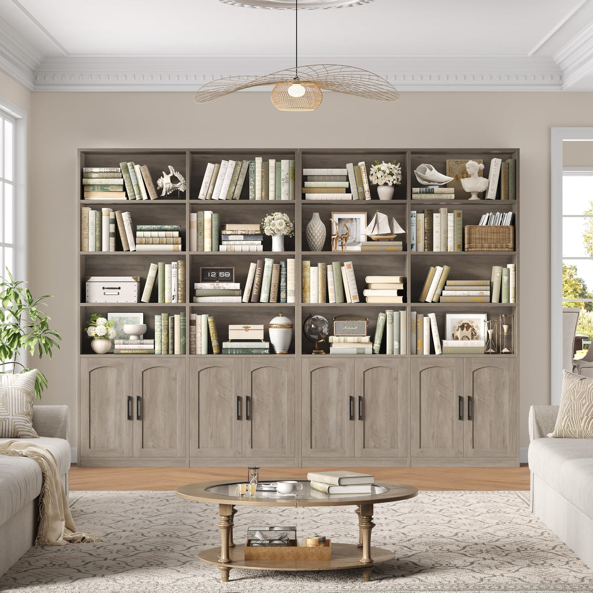 FACBOTALL Bookshelf and Bookcase with Doors, Double Wide Large Bookshelves