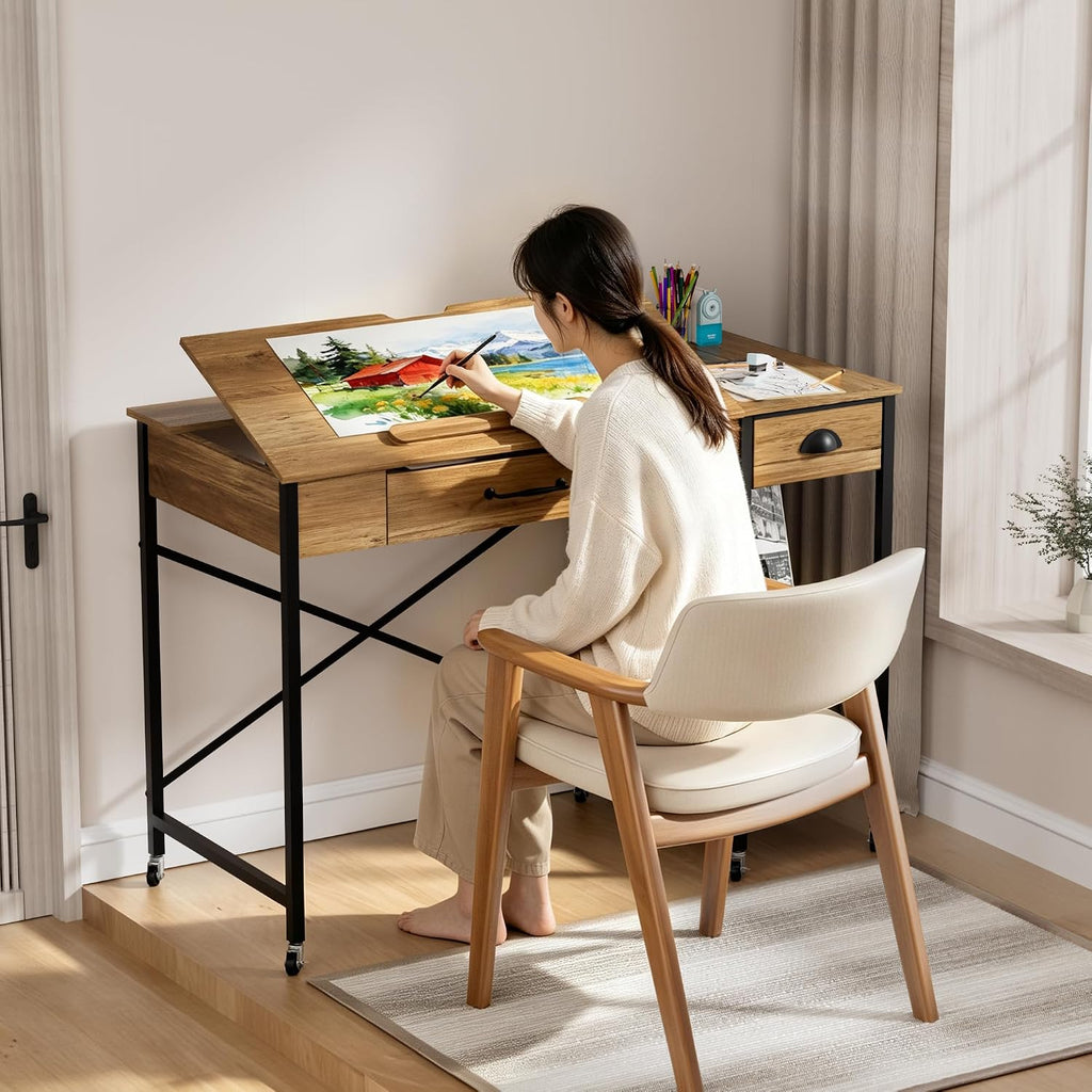 Rolling Drafting Table, Crafting Table with Storage, Computer Desk ï»¿