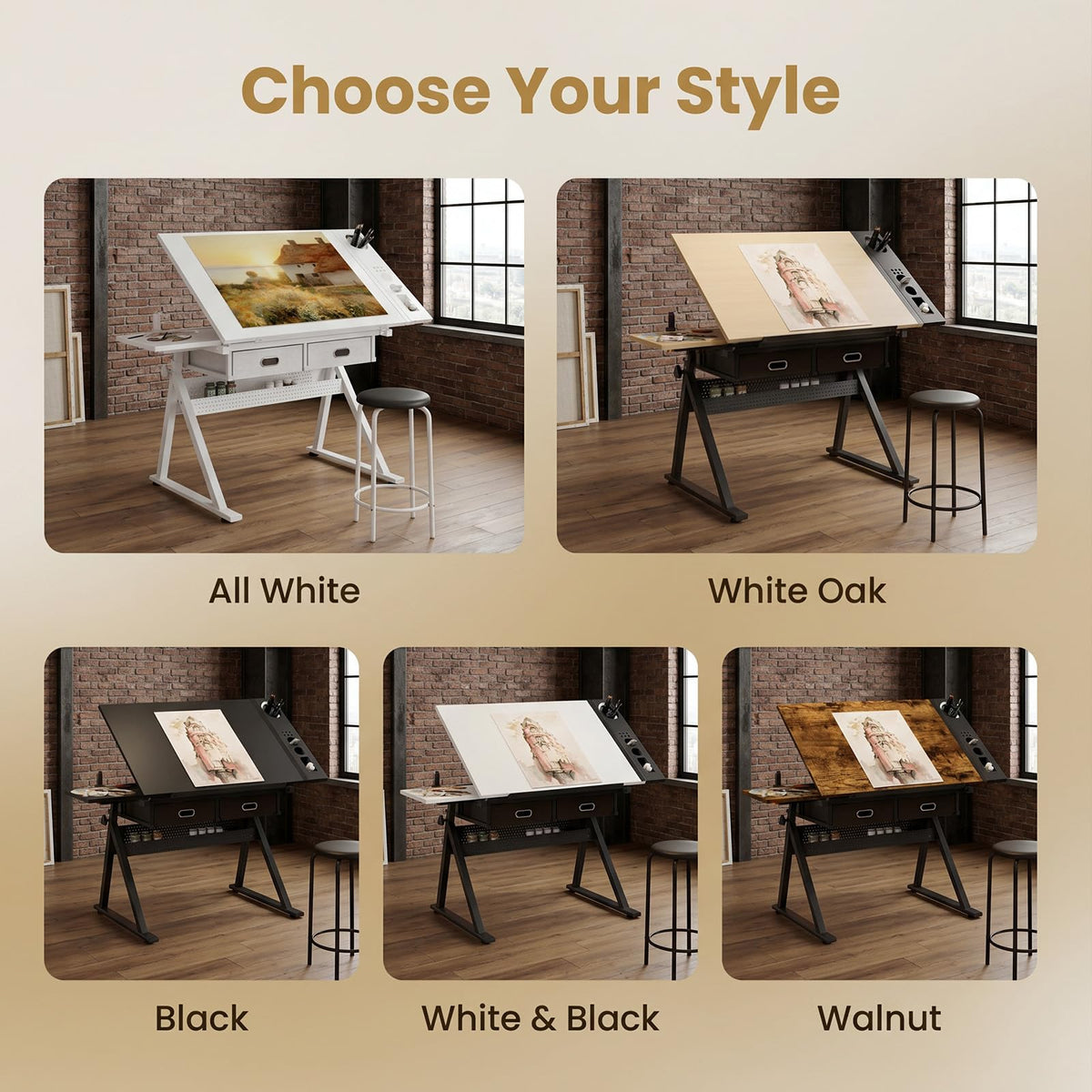 Height Adjustable Drafting Table w/Stool, Painting Table Art Craft Desk Crafting Drawing Desk with Tilting Tabletop, 2 Storage Drawers for Artist Painters (Rustic Brown)