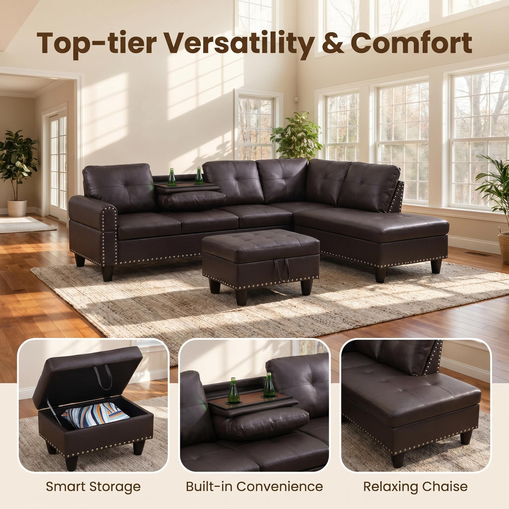 97.5" Leather L Shaped Couch with Left Chaise & Cup Holder, Sectional Sofas Modular Furniture Set with Storage Ottoman, Convertible Couches for Living Room, Office & Small Space (Black)