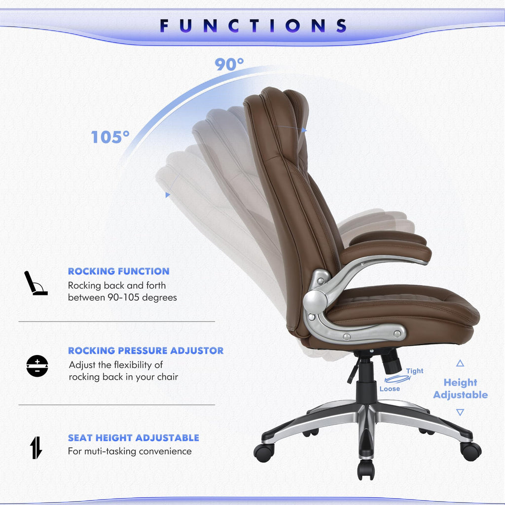 COLAMY High Back Executive Office Chairs, Ergonomic PU Leather Desk Chairs with Flip-Up Armrests, Adjustable Height, Lumbar Support, Comfortable Computer Chairs for Home Office, Set of 2