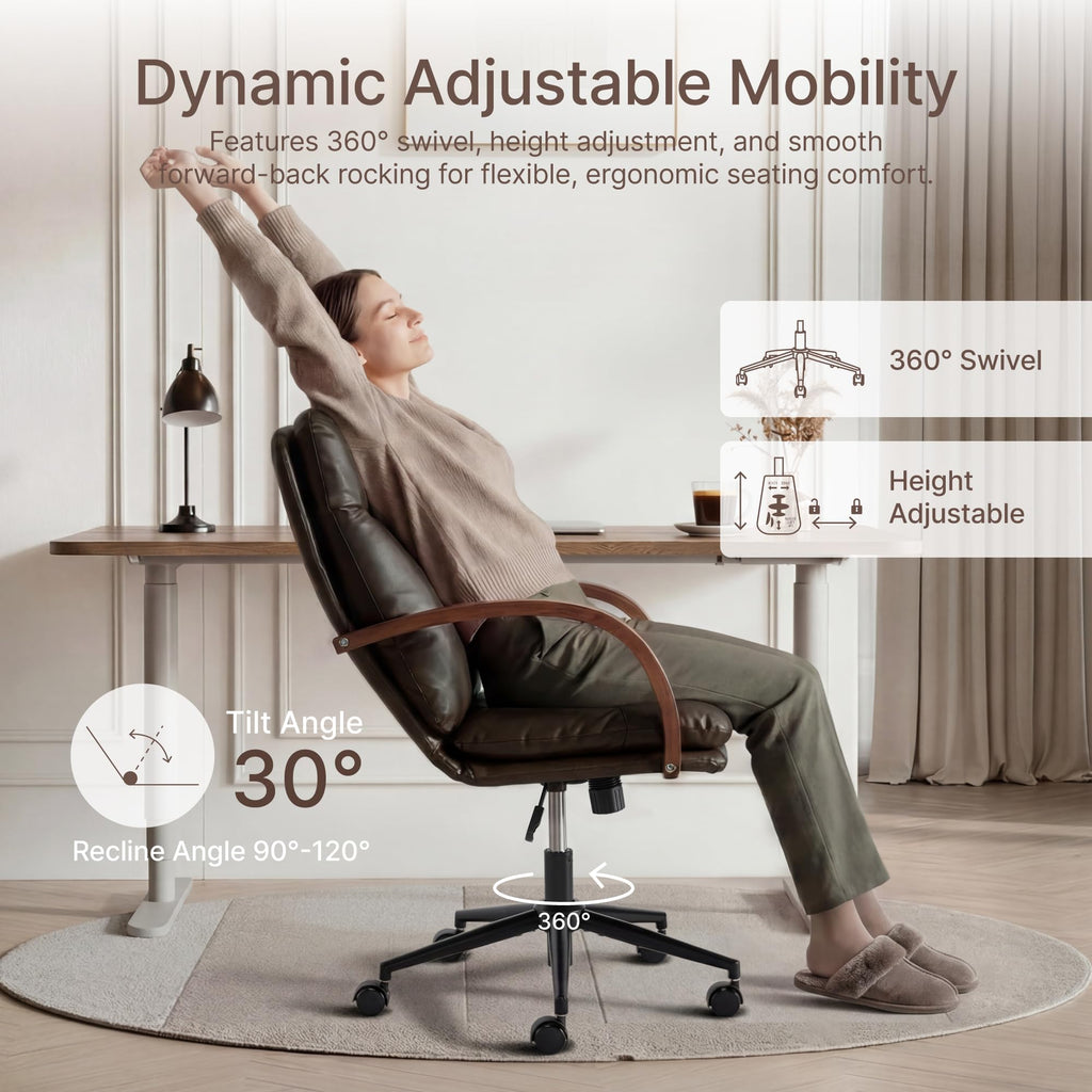 KISLOT Home Office Desk Chair, Ergonomic Office Chair with Lumbar Support, Adjustable Swivel Computer Chair with Wheels, Faux Leather Executive Task Chair with Wood Arms, Set of 2, Brown