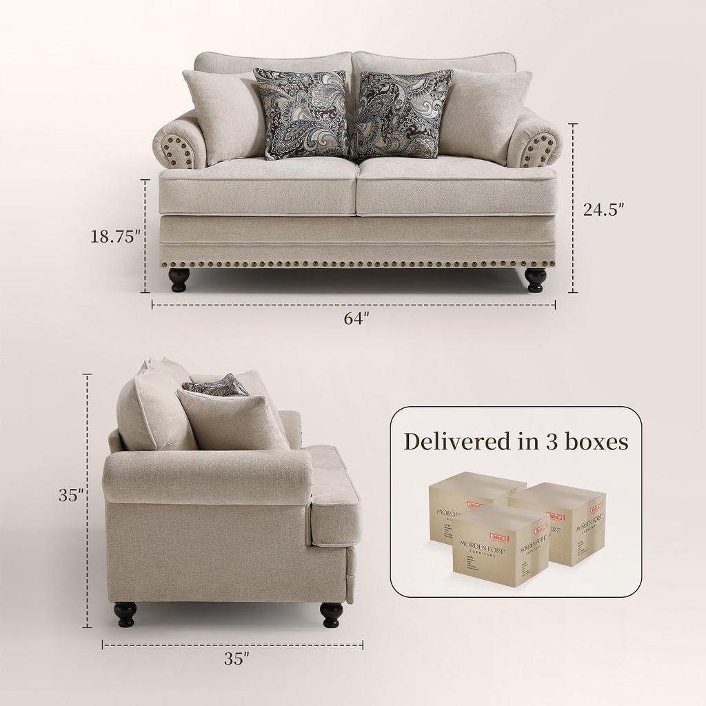 Modern Farmhouse Loveseat Sofa, Chenille Upholstery with Nailhead Trim, Small Couch for Living Room, Bedroom, Office, or Apartment, Includes 4 Accent Pillows