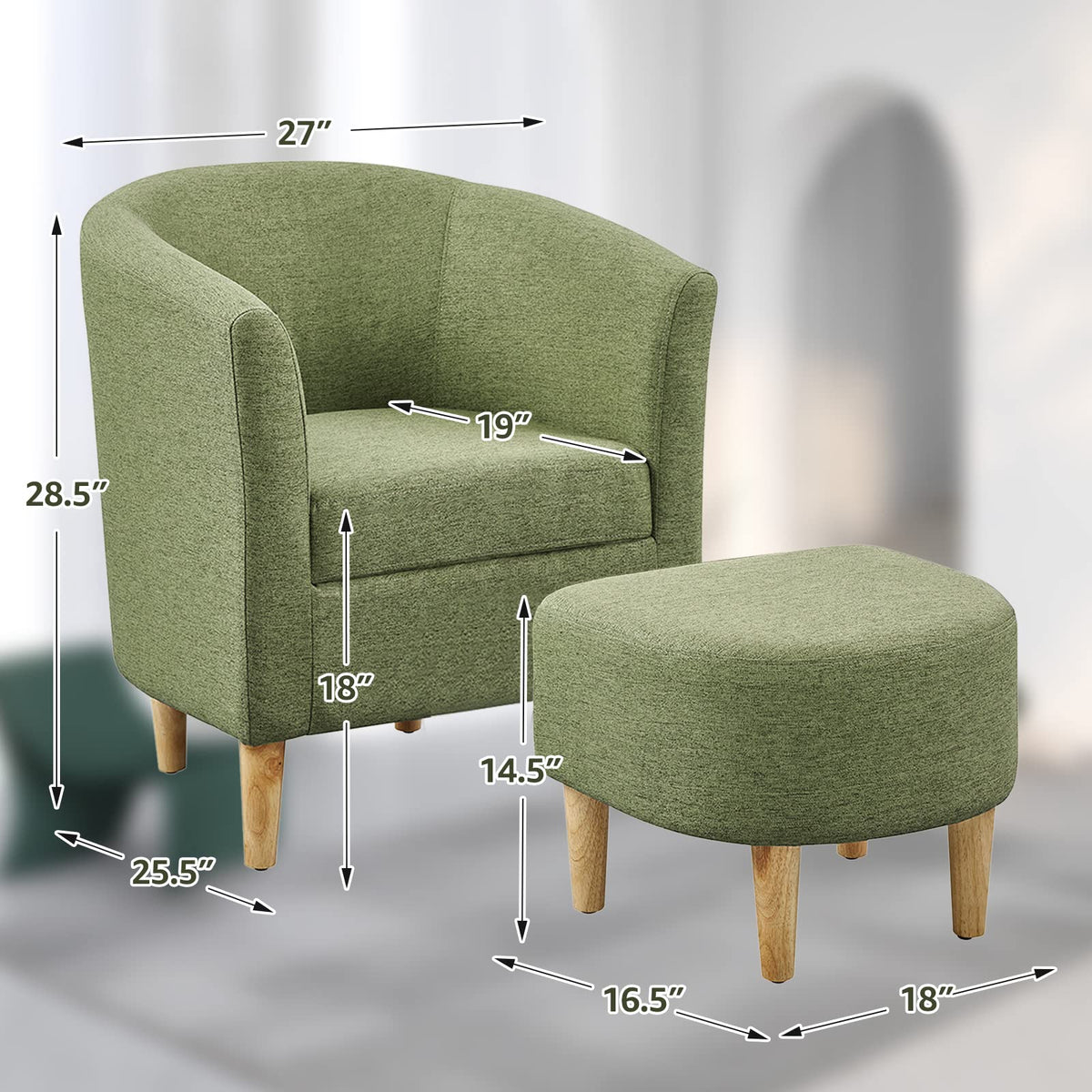 DAZONE Accent Chair with Ottoman, Modern Comfy Armchair Upholstered Barrel Club Chair and Footrest Set, Fabric Tub Arm Chairs for Living Room Bedroom Small Spaces Apartment Office, Set of 2, Gray