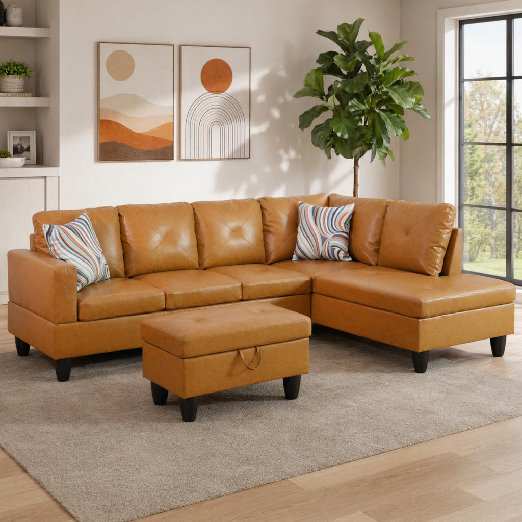 97.5" Leather L Shaped Couch with Left Chaise & Cup Holder, Sectional Sofas Modular Furniture Set with Storage Ottoman, Convertible Couches for Living Room, Office & Small Space (Black)