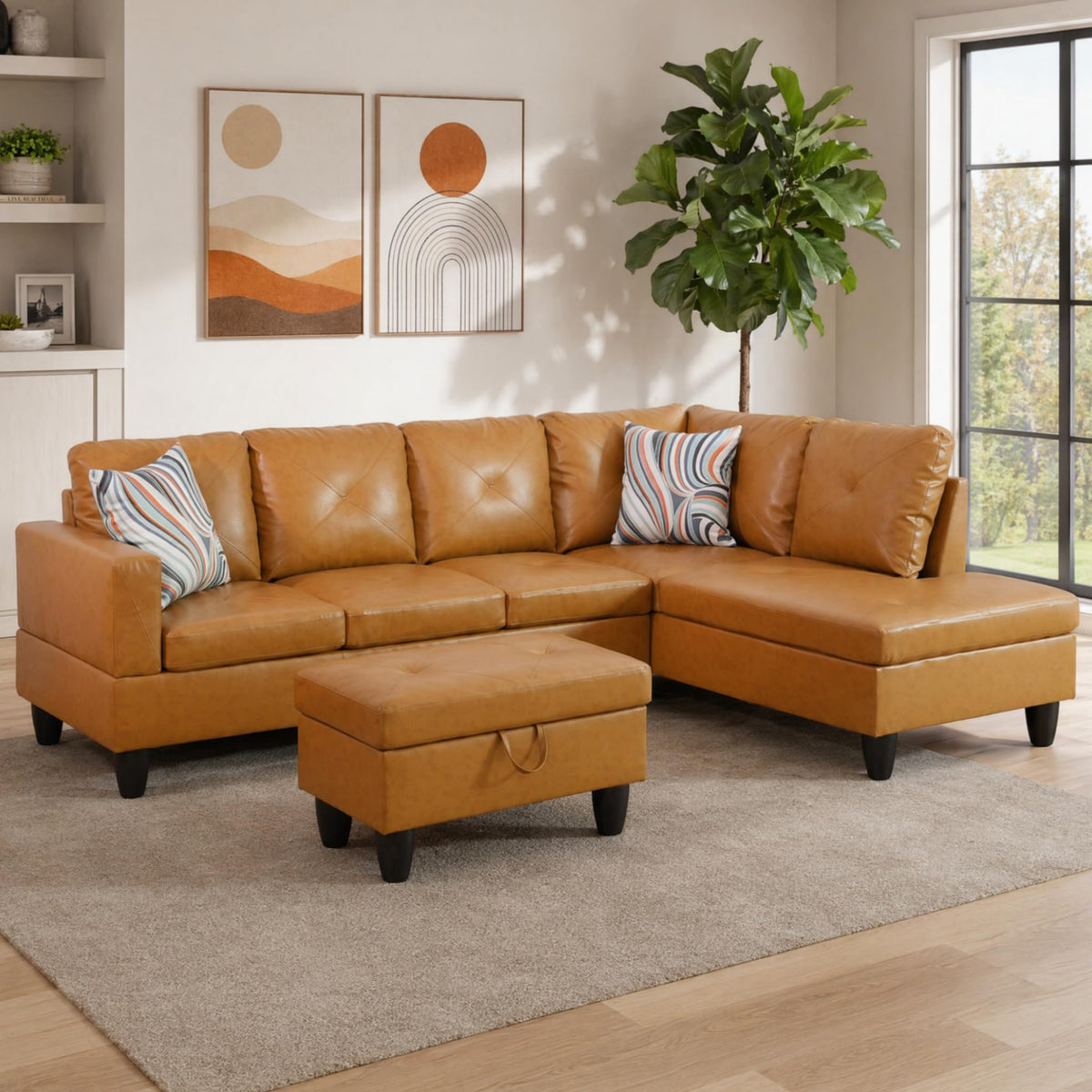 97.5" Leather L Shaped Couch with Left Chaise & Cup Holder, Sectional Sofas Modular Furniture Set with Storage Ottoman, Convertible Couches for Living Room, Office & Small Space (Black)