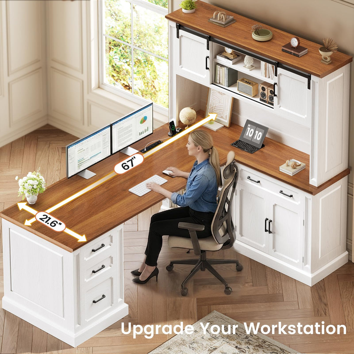 SEDETA Farmhouse 70.9" Executive Desk, Home Office Desk with File Drawers and Storage Cabinet, Computer Desk with Power Outlet for Home Office, Work Study Writing, Black+Brown