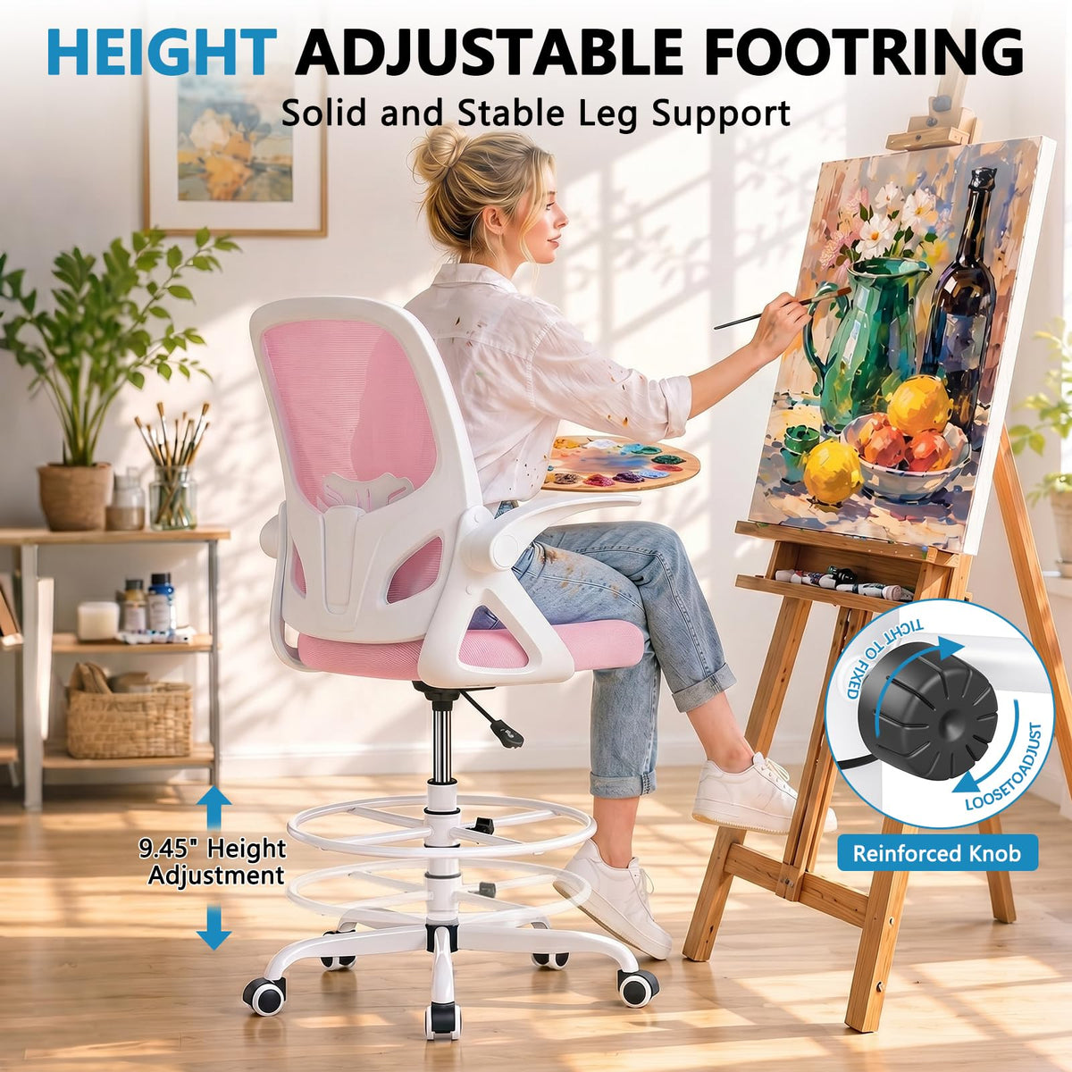 Kensaker Drafting Chair Tall Office Chair, Ergonomic Standing Desk Chair with Adjustable Foot Ring and Flip-up Armrests, Mesh Computer Chair for Art Studio, 300 LBS, Black