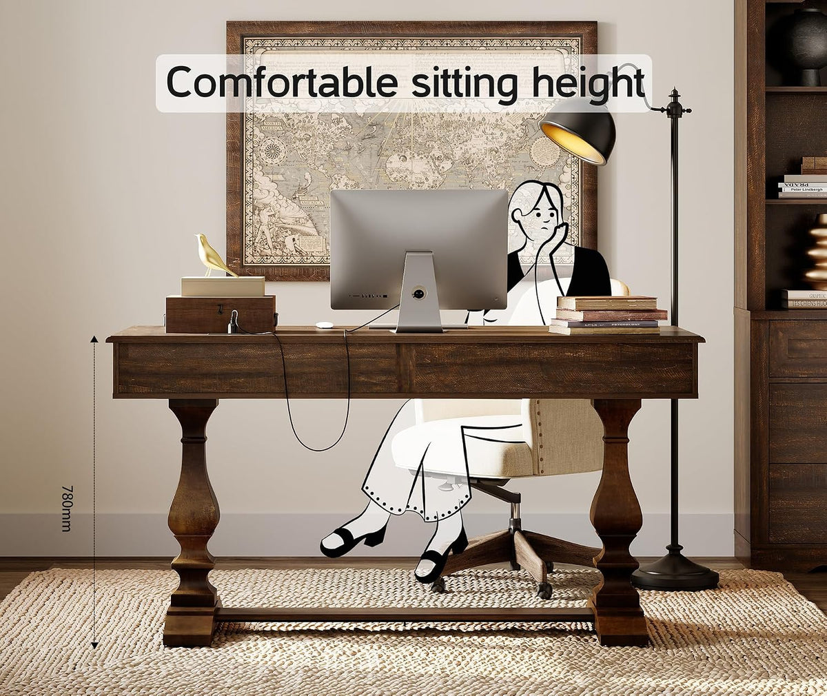 WAMPAT 60-inch Vintage Farmhouse Desk with Charging Station &3 Deep Drawers