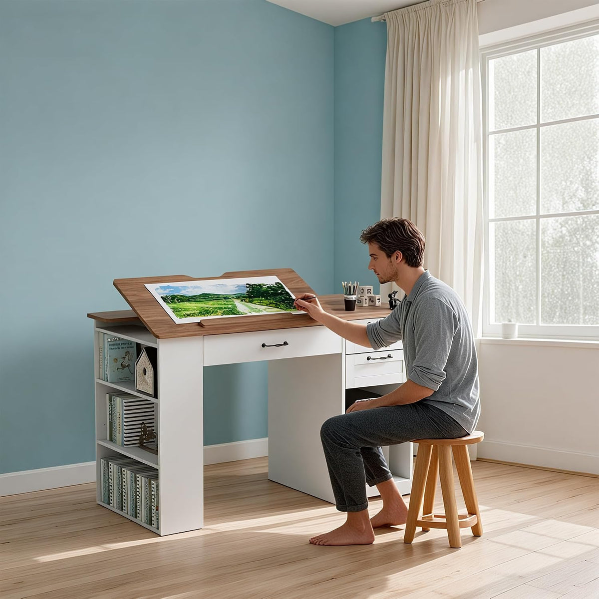 Drafting Table with Storage Cabinet & Drawers, Adjustable Drawing Table with Open Shelves, Craft Art Desk for Artists, Painters, Drawing, Crafting, Reading, Writing, Working