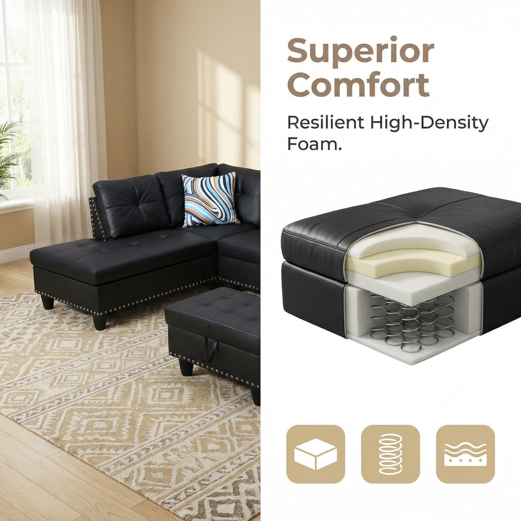 97.5" L-Shaped Modular Sectional Sofa with Movable Chaise & Storage Ottoman, 3 Piece Convertible Leather Couch, 4 Seat Gloss Black Living Room Furniture Set for Apartment Home Office