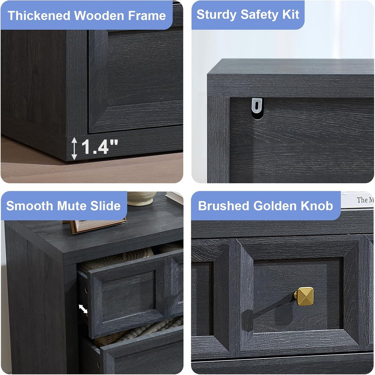 3 Drawers Nightstand Set of 2 W/Charging Station, 30.7" W King Size Bedside Table with 3 Drawers, Accent End Table W/Large Storage, Modern Wood Side Table for Bedroom,Office (2 Pieces, Gray Black)