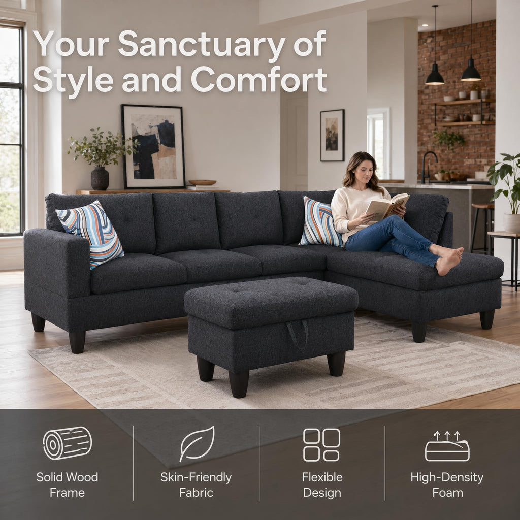 97.5" Leather L Shaped Couch with Left Chaise & Cup Holder, Sectional Sofas Modular Furniture Set with Storage Ottoman, Convertible Couches for Living Room, Office & Small Space (Black)