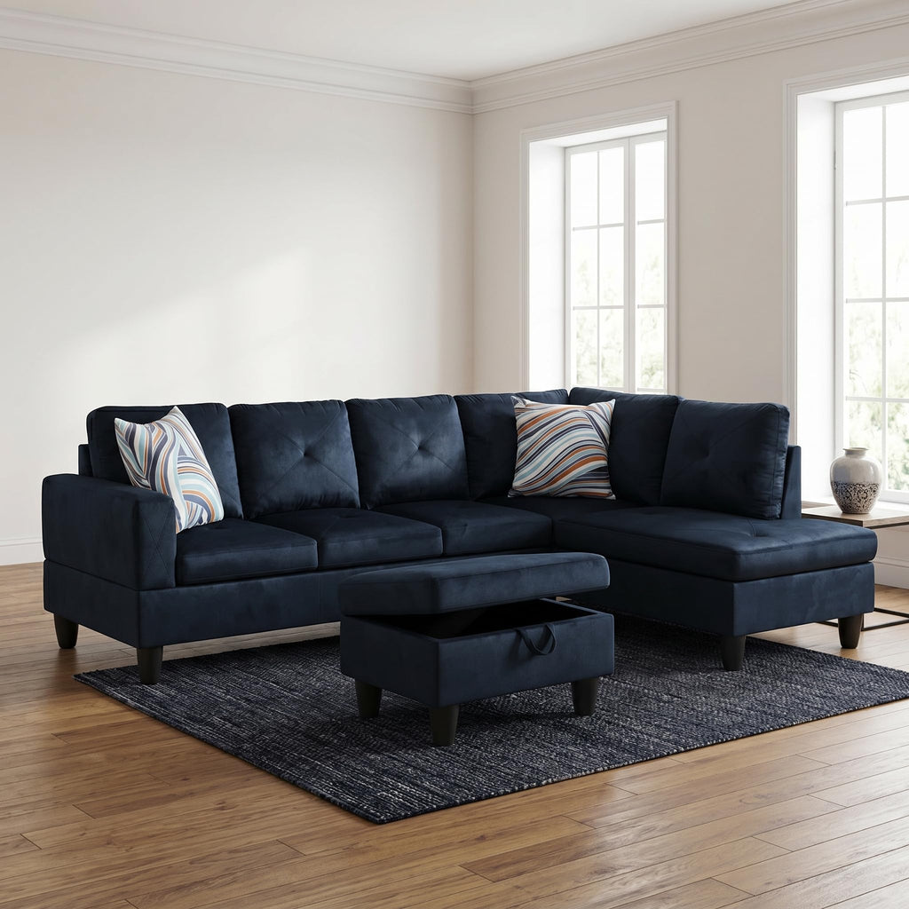 97.5" L-Shaped Modular Sectional Sofa with Movable Chaise & Storage Ottoman, 3 Piece Convertible Leather Couch, 4 Seat Gloss Black Living Room Furniture Set for Apartment Home Office