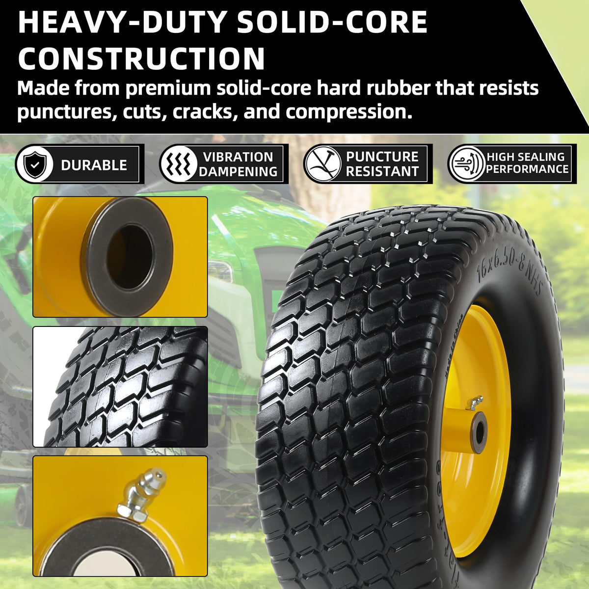 AR-PRO (2-Pack) 16x6.50-8 Flat-Free Tire and Wheel Assemblies, Relacement 16x6.5-8 Solid Turf Tire with Rim for Garden Tractor Riding Lawn Mowers, 3" Offset Hub and 3/4" Bushings