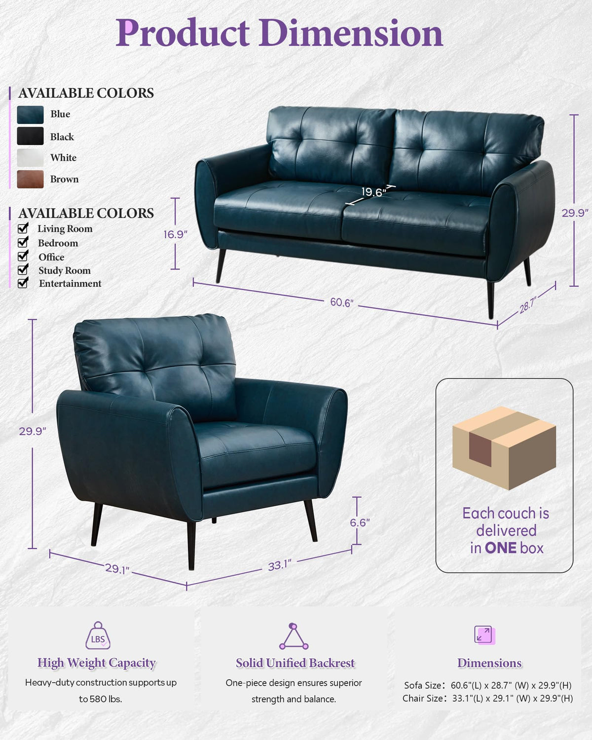 61'' Small Leather Loveseat and Chair, 3 Piece Living Room Sets, Black