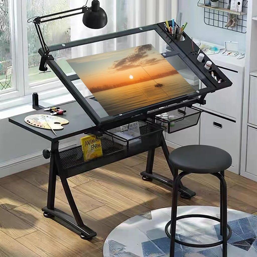 Donfafecuer Adjustable Drafting Table for Adults Professional Art Table 2 Storage Drawers Height Adjustable Home Office Reading Painting Tempered Glass Top Modern Black Design