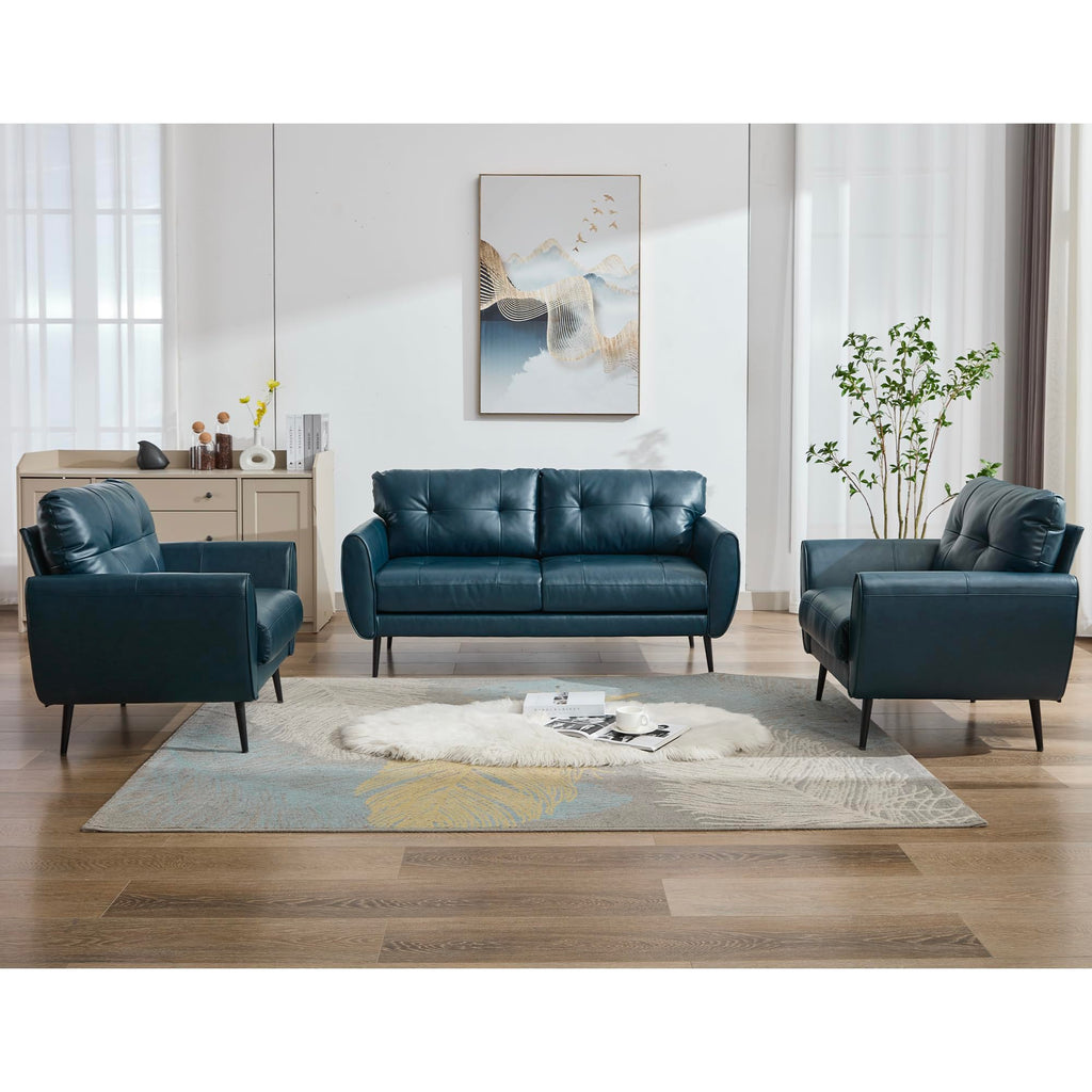 61'' Small Leather Loveseat and Chair, 3 Piece Living Room Sets, Black