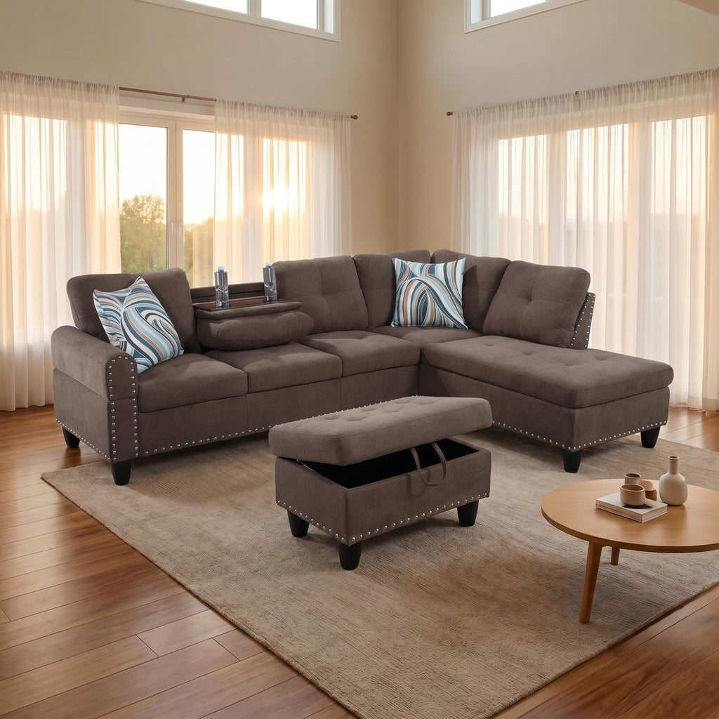 97.5" Leather L Shaped Couch with Left Chaise & Cup Holder, Sectional Sofas Modular Furniture Set with Storage Ottoman, Convertible Couches for Living Room, Office & Small Space (Black)
