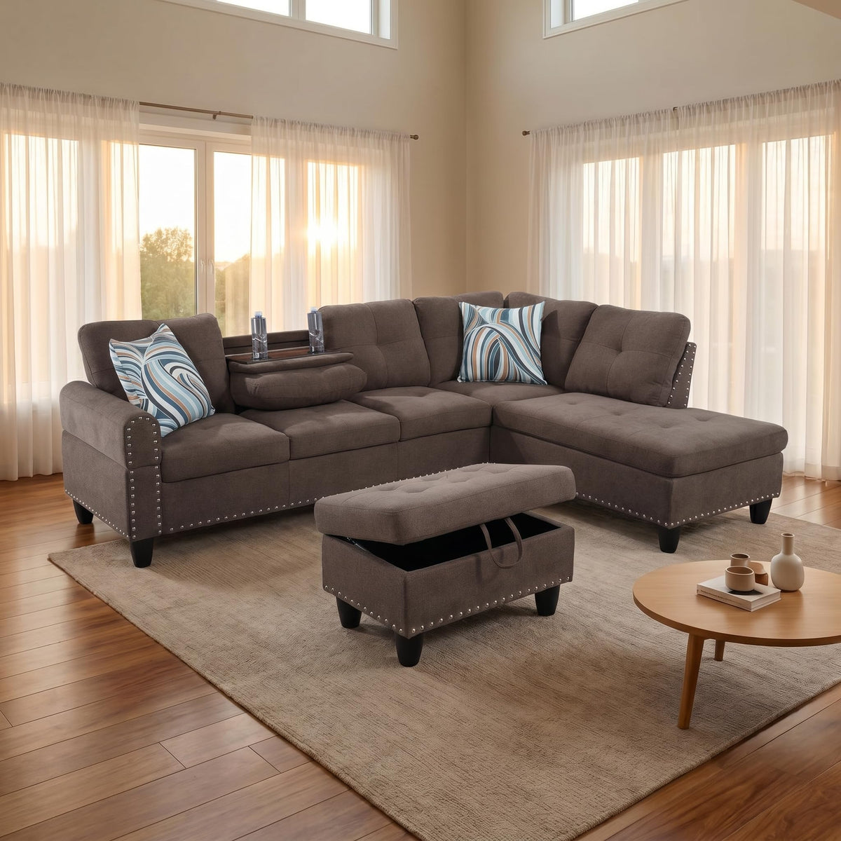 97.5" Leather L Shaped Couch with Left Chaise & Cup Holder, Sectional Sofas Modular Furniture Set with Storage Ottoman, Convertible Couches for Living Room, Office & Small Space (Black)