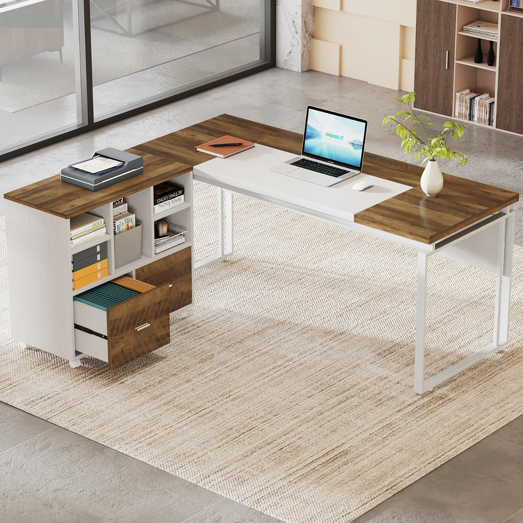 Tribesigns L-Shaped Executive Desk with Reversible File Cabinet, 63" Office Desk with Storage Drawers, Computer Desk Set (Oak Karo & White)