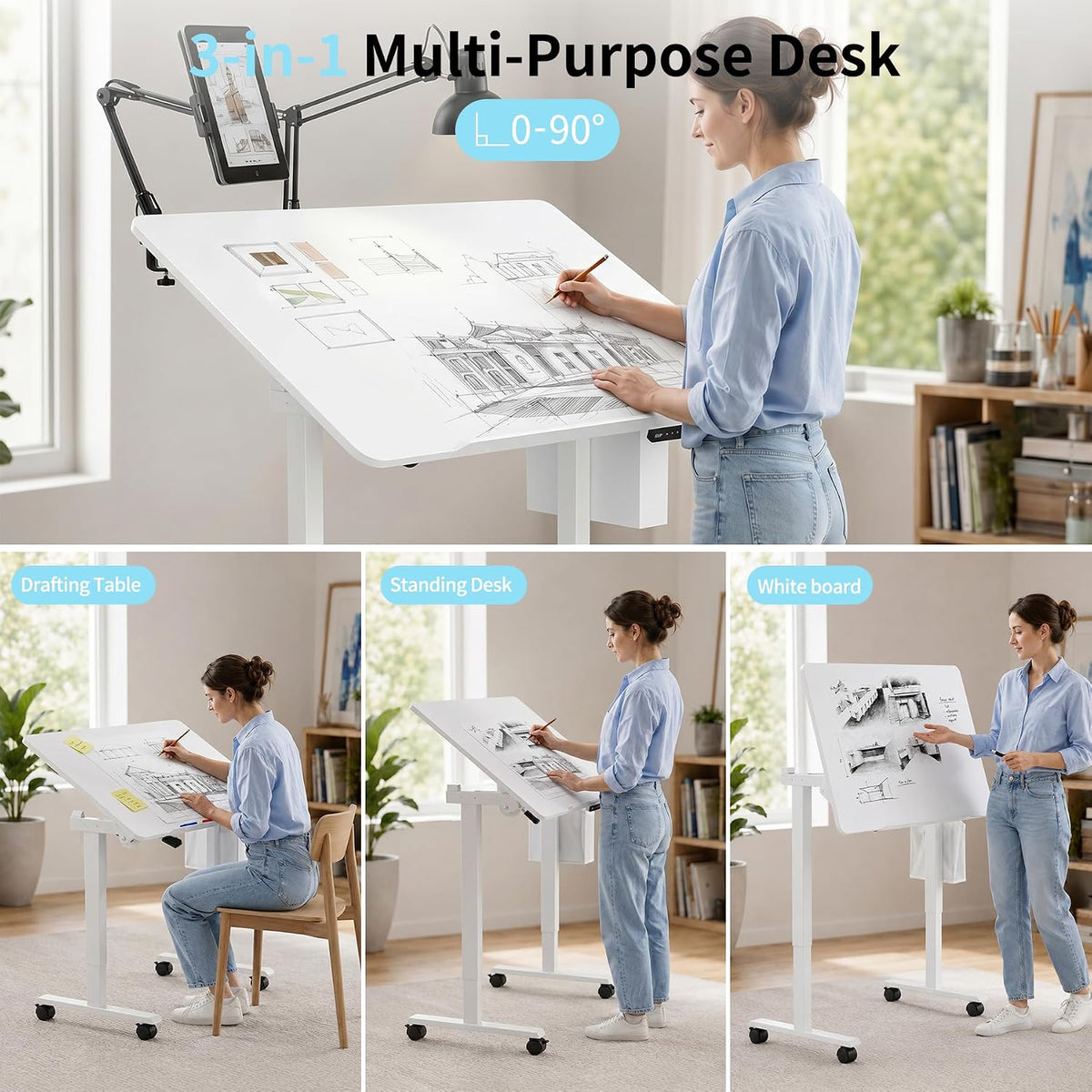 3-in-1 Standing Drafting Desk with 90Â° Tilt Whiteboard, 35Ã24"