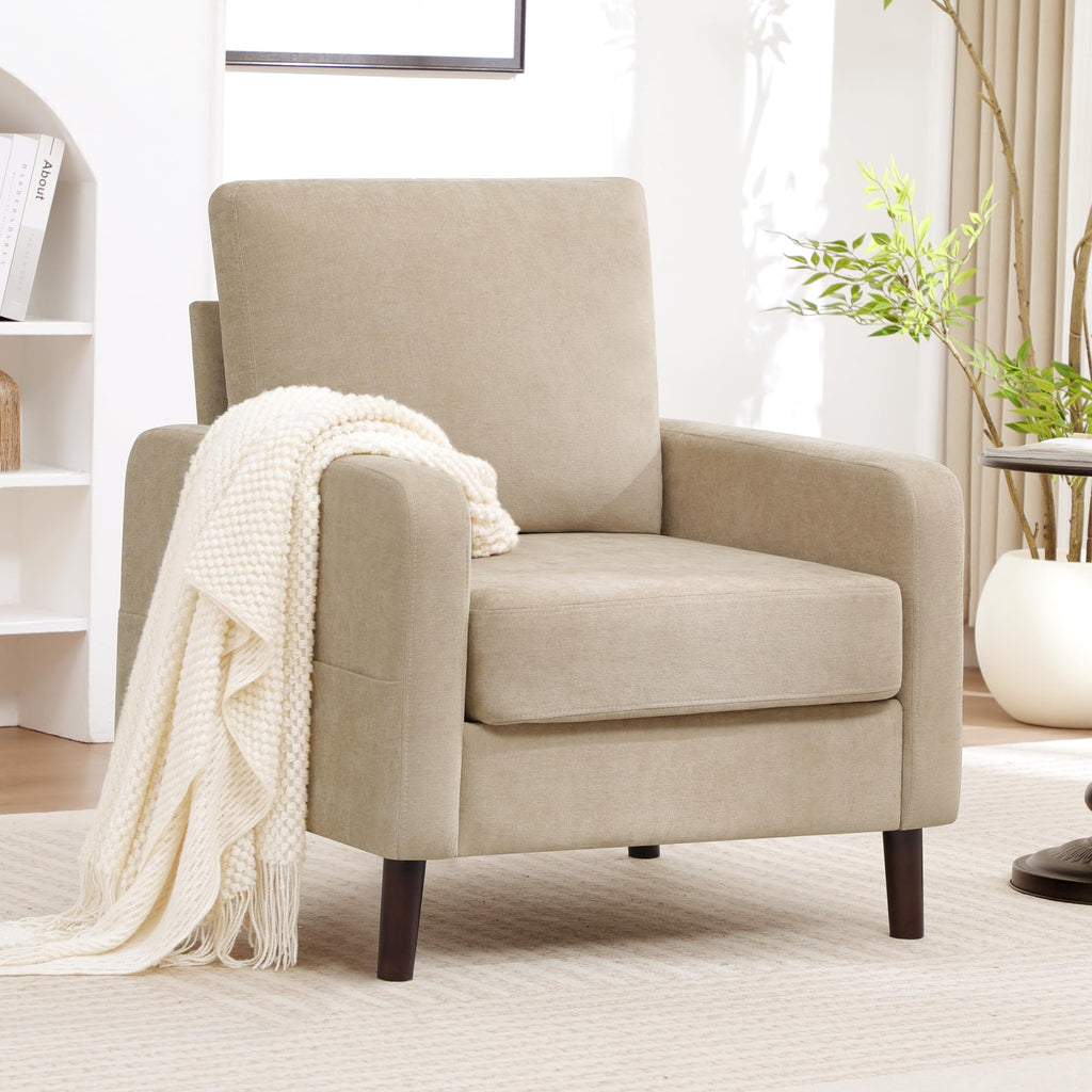 Accent Chair Set of 2, Upholstered Living Room Chairs with Wood Legs and Side Pockets, Modern Reading Chair for Bedroom, Armchair Single Sofa Side Chair for Office, Small Room, Dark Grey