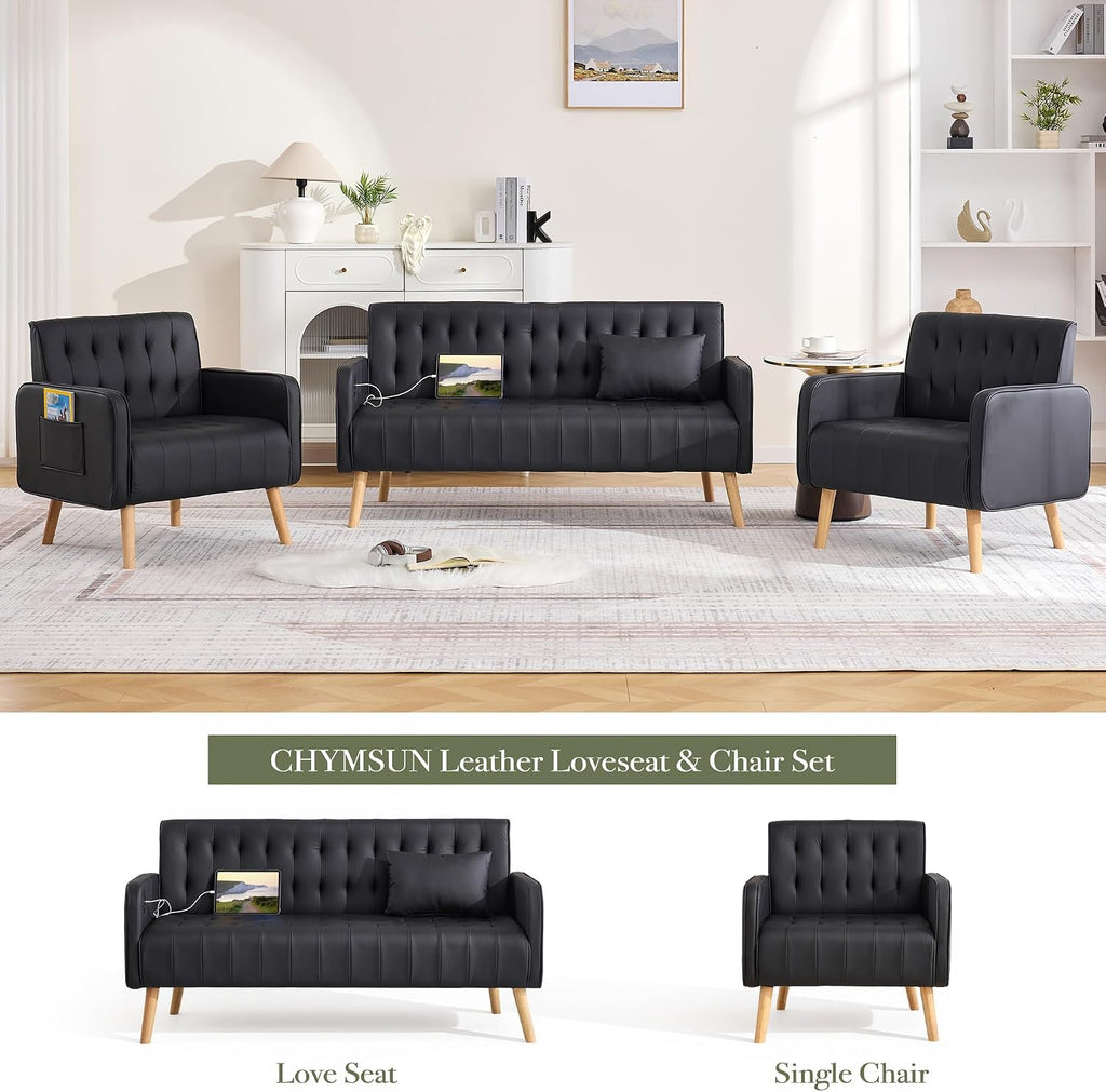 57â Small Faux Leather Loveseat Couch and Accent Chair Set of 2 (3, Black)
