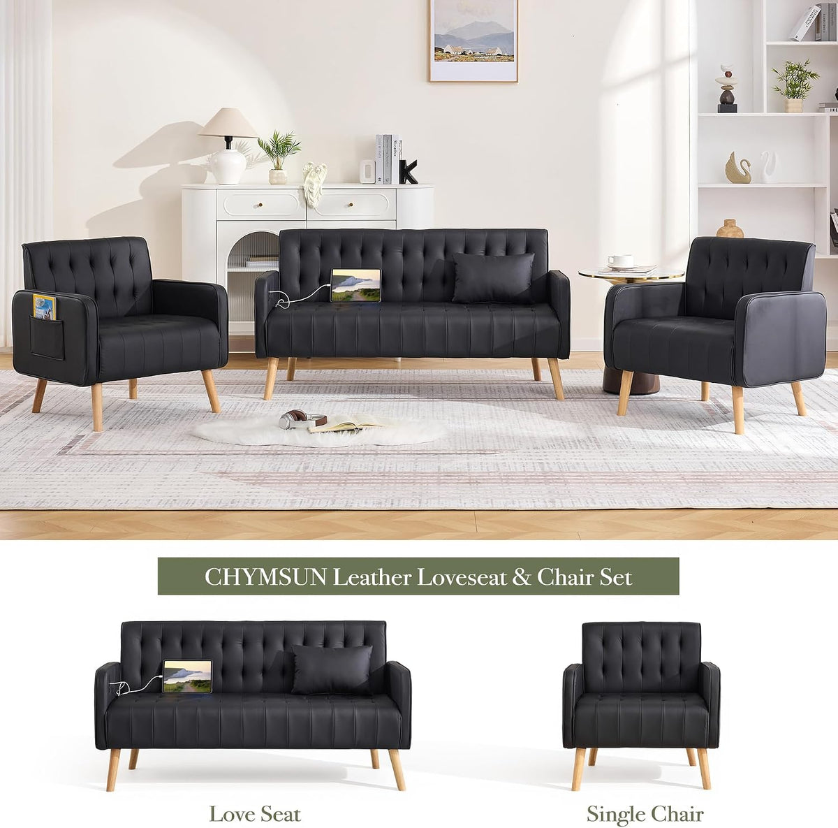 Leather Accent Chair Set of 2, Living Room Chair with Wooden Legs (Black)
