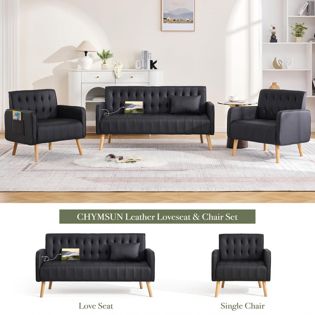 57â Small Faux Leather Loveseat Couch and Accent Chair Set of 2 (3, Black)