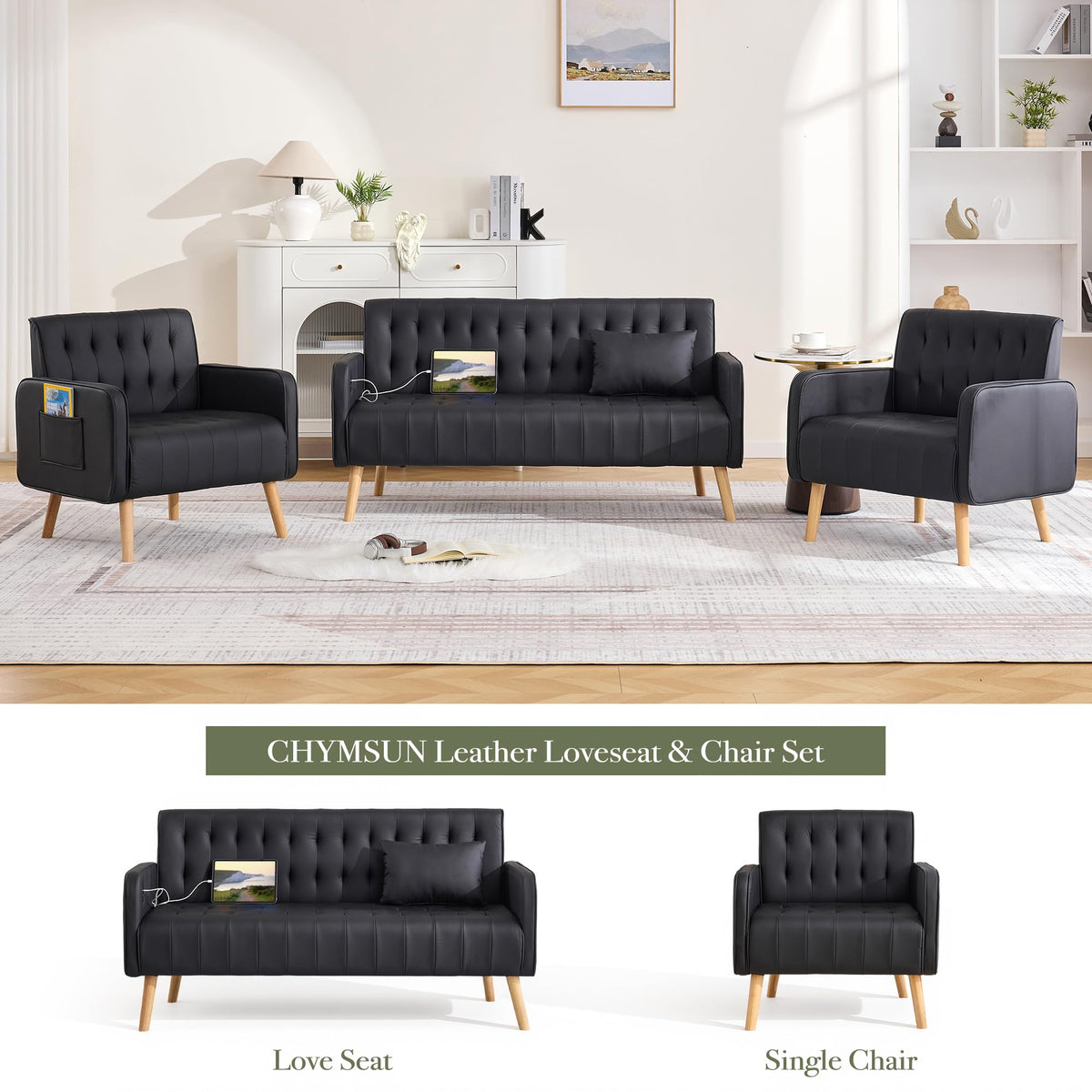 57â Small Faux Leather Loveseat Couch and Accent Chair Set of 2 (3, Black)